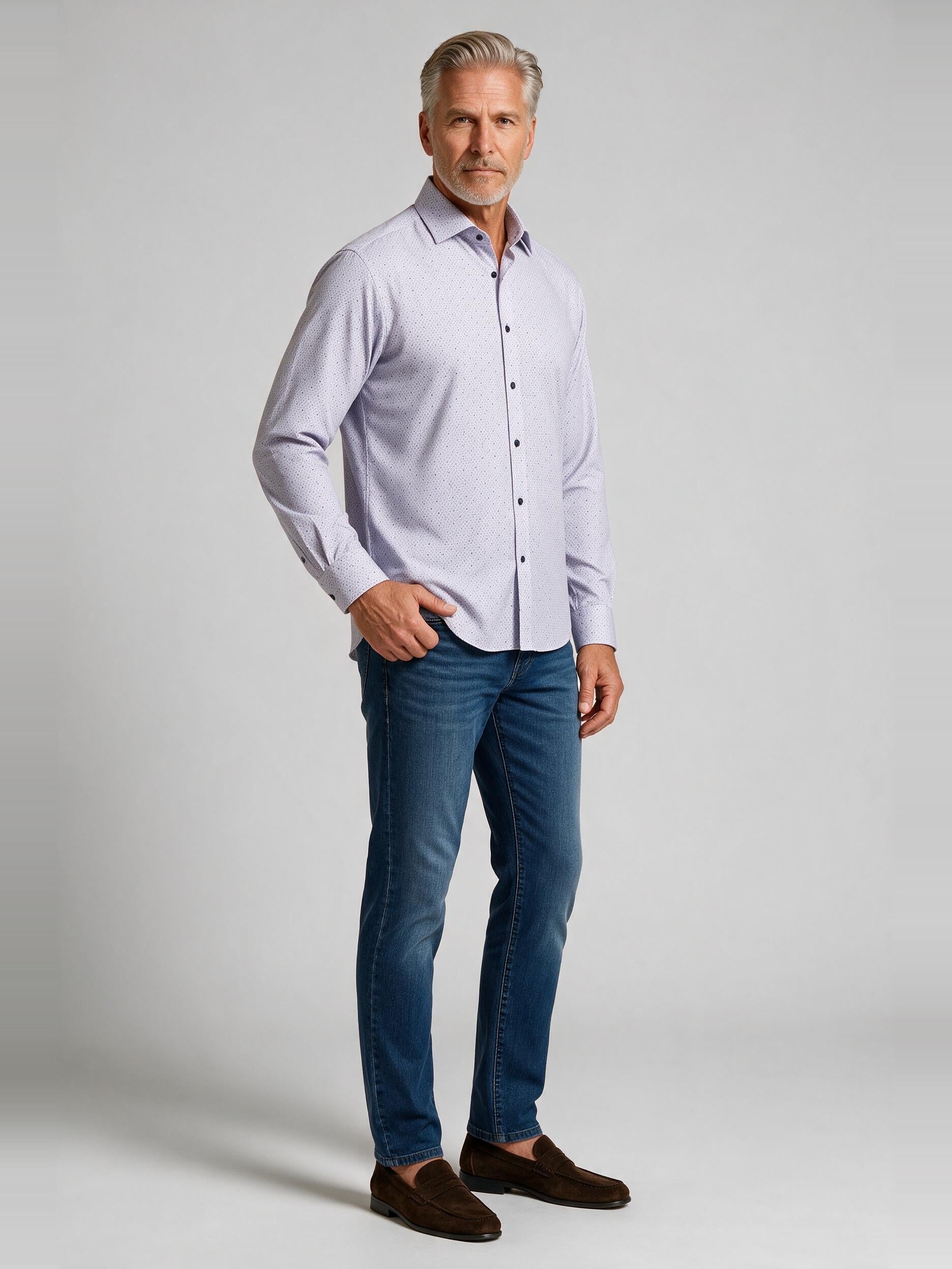 Bugatchi Ooohcotton L/S Devon Shirt, Orchid, worn with denim | Mondo Uomo Naples FL