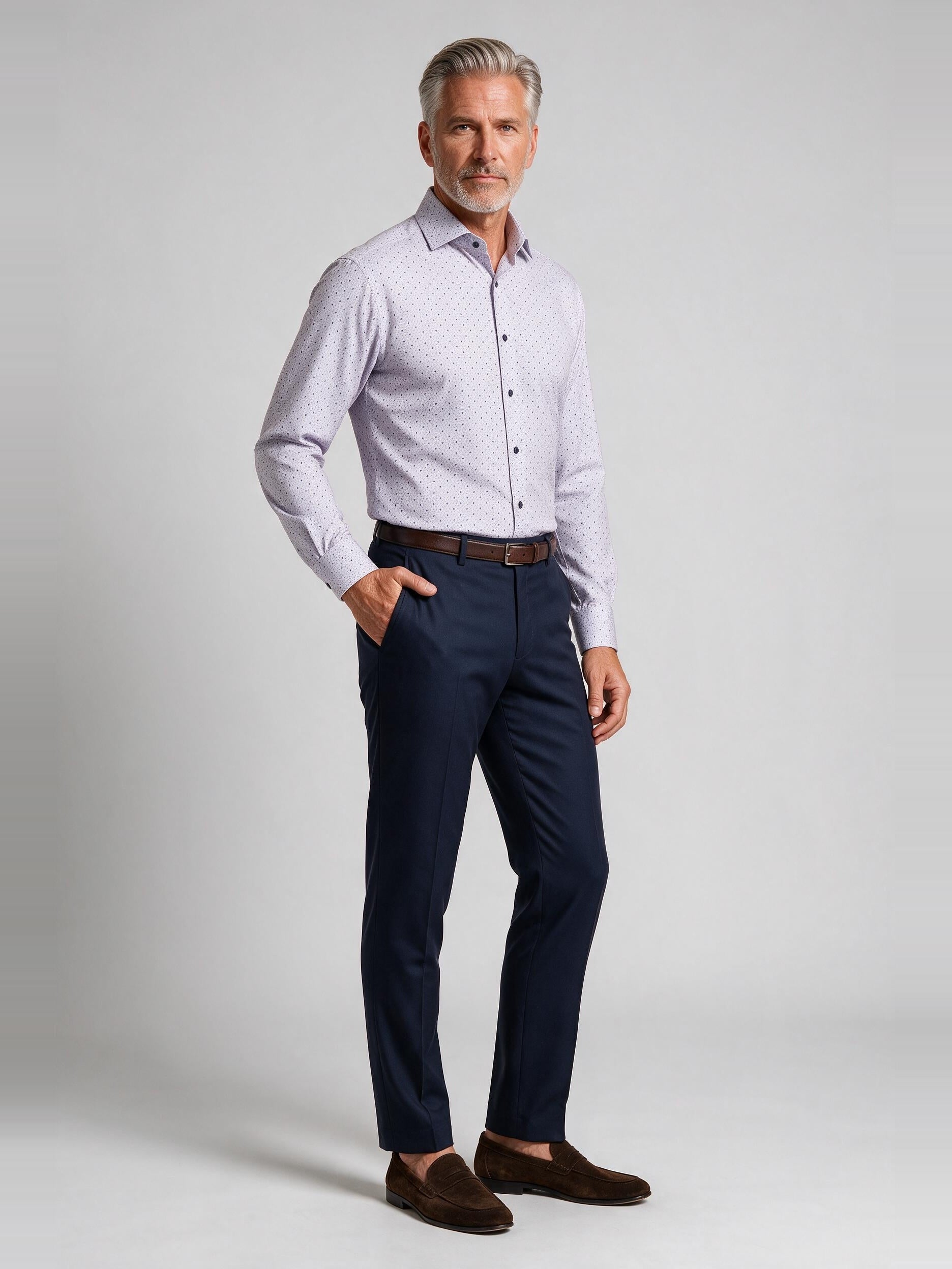 Bugatchi Ooohcotton L/S Devon Shirt, Orchid, worn with a dress trouser | Mondo Uomo Naples FL