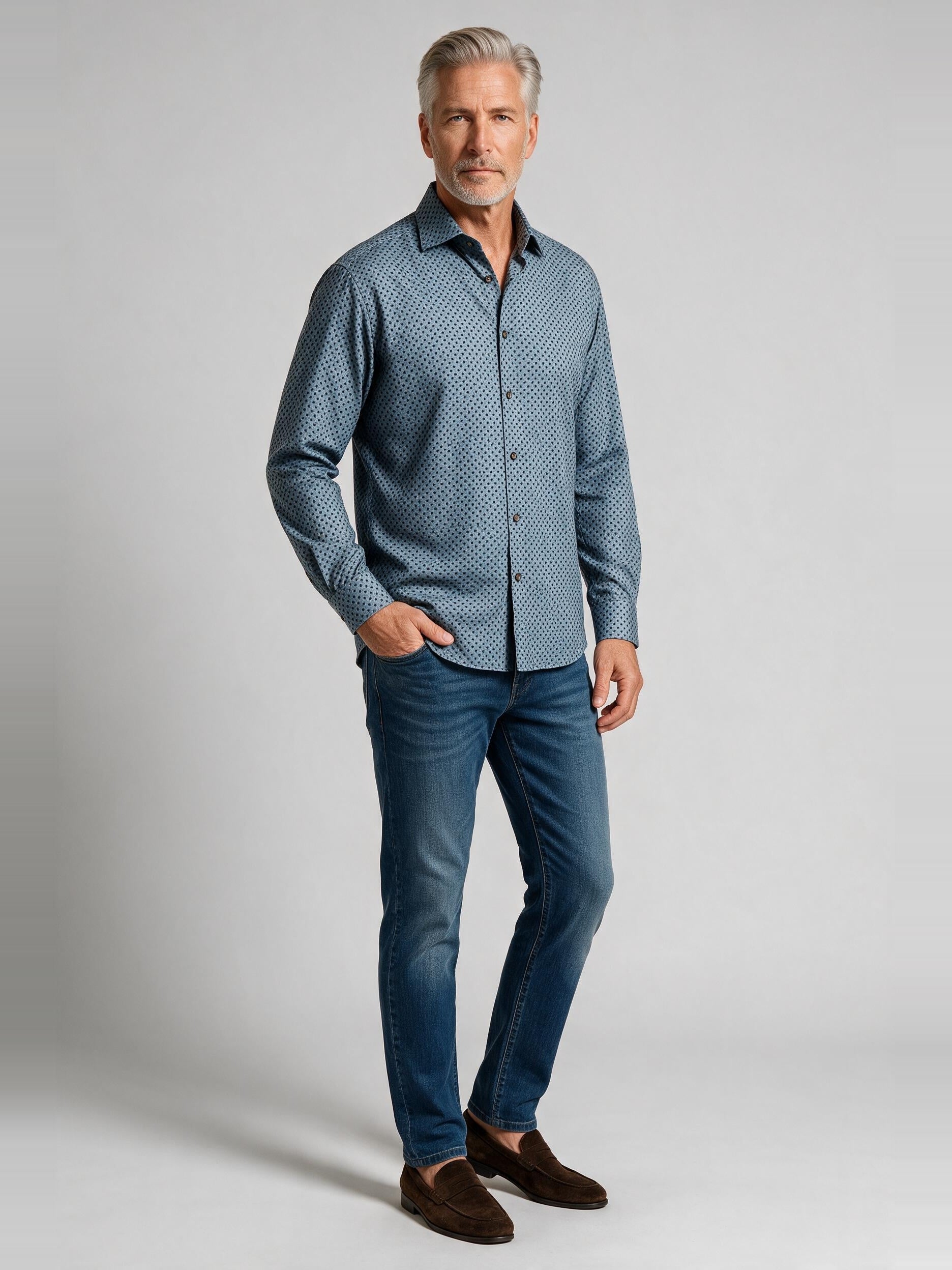 Bugatchi Ooohcotton L/S Devon Shirt, Peacock, worn with denim | Mondo Uomo Naples FL