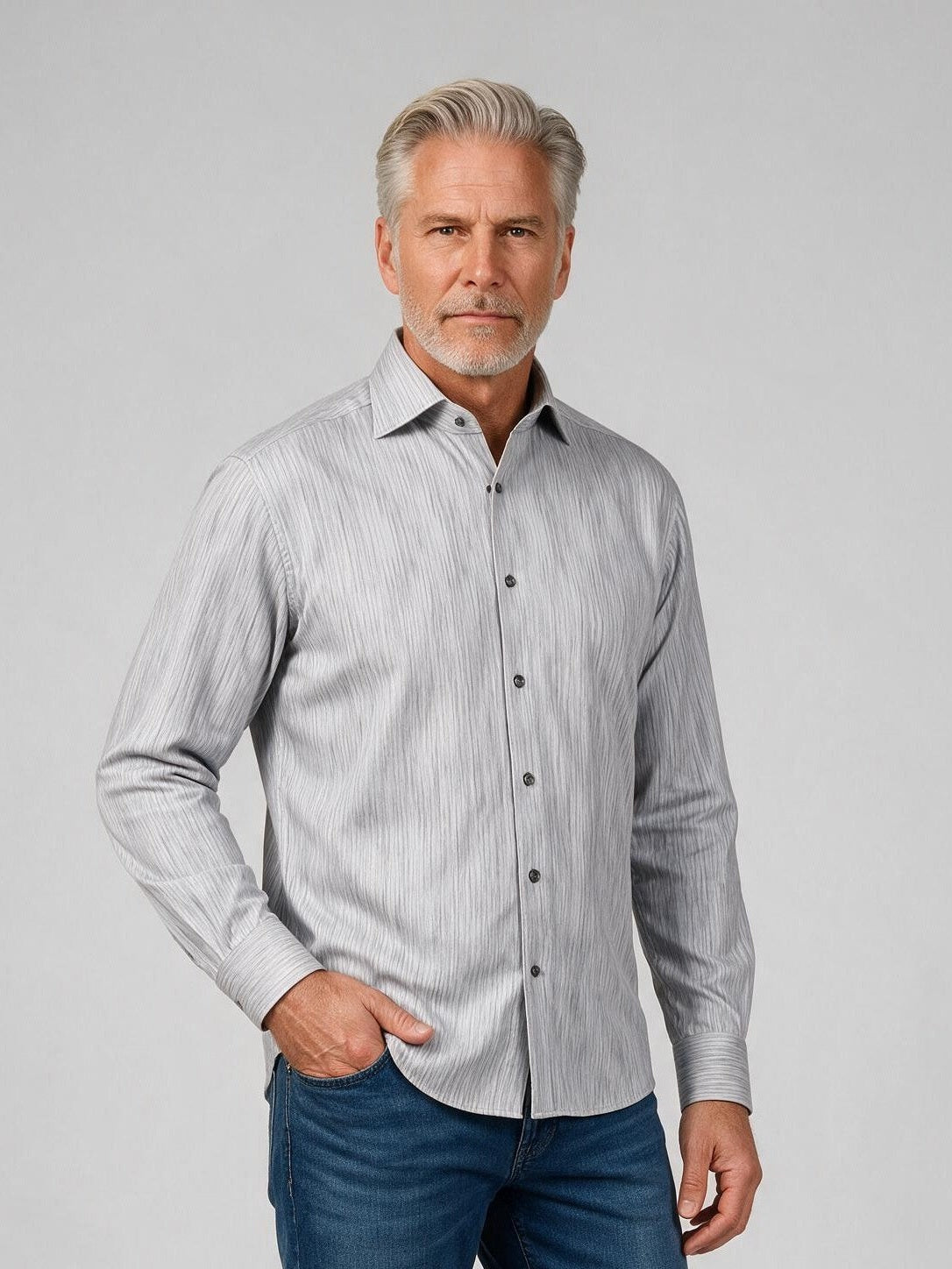 Bugatchi Ooohcotton L/S Devon Shirt, Platinum, fabric detail | Mondo Uomo Naples FL