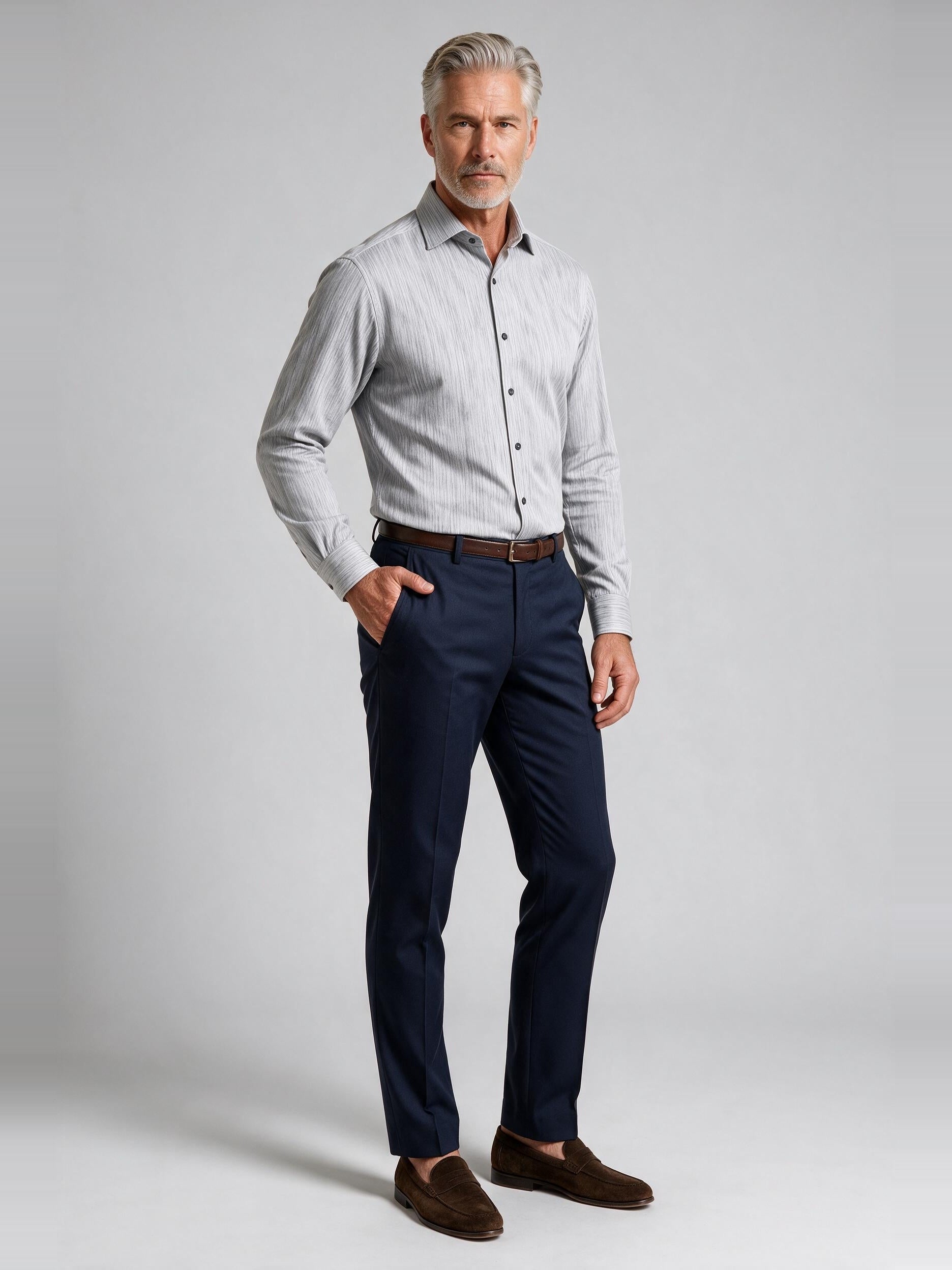 Bugatchi Ooohcotton L/S Devon Shirt, Platinum, worn with a dress trouser | Mondo Uomo Naples FL