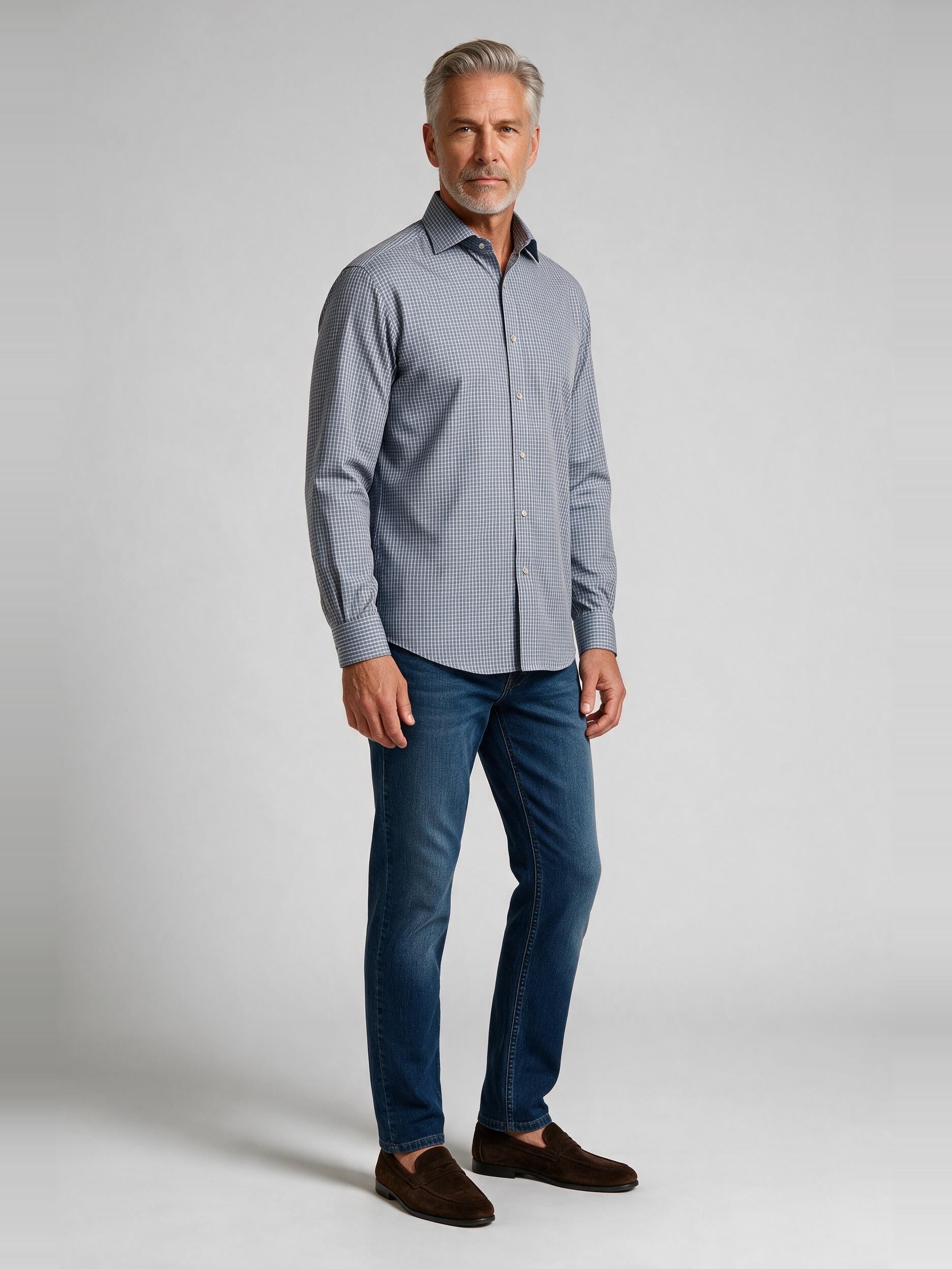 Bugatchi Ooohcotton L/S Devon Shirt, Slate, worn with denim | Mondo Uomo Naples FL