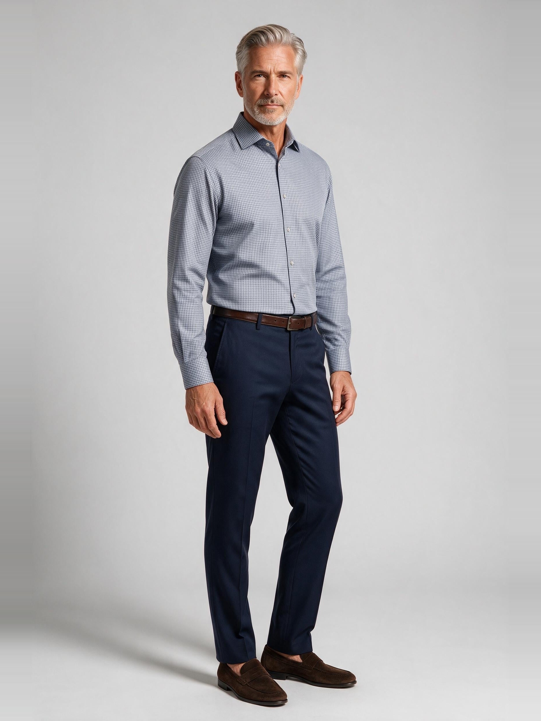 Bugatchi Ooohcotton L/S Devon Shirt, Slate, worn with a dress trouser | Mondo Uomo Naples FL