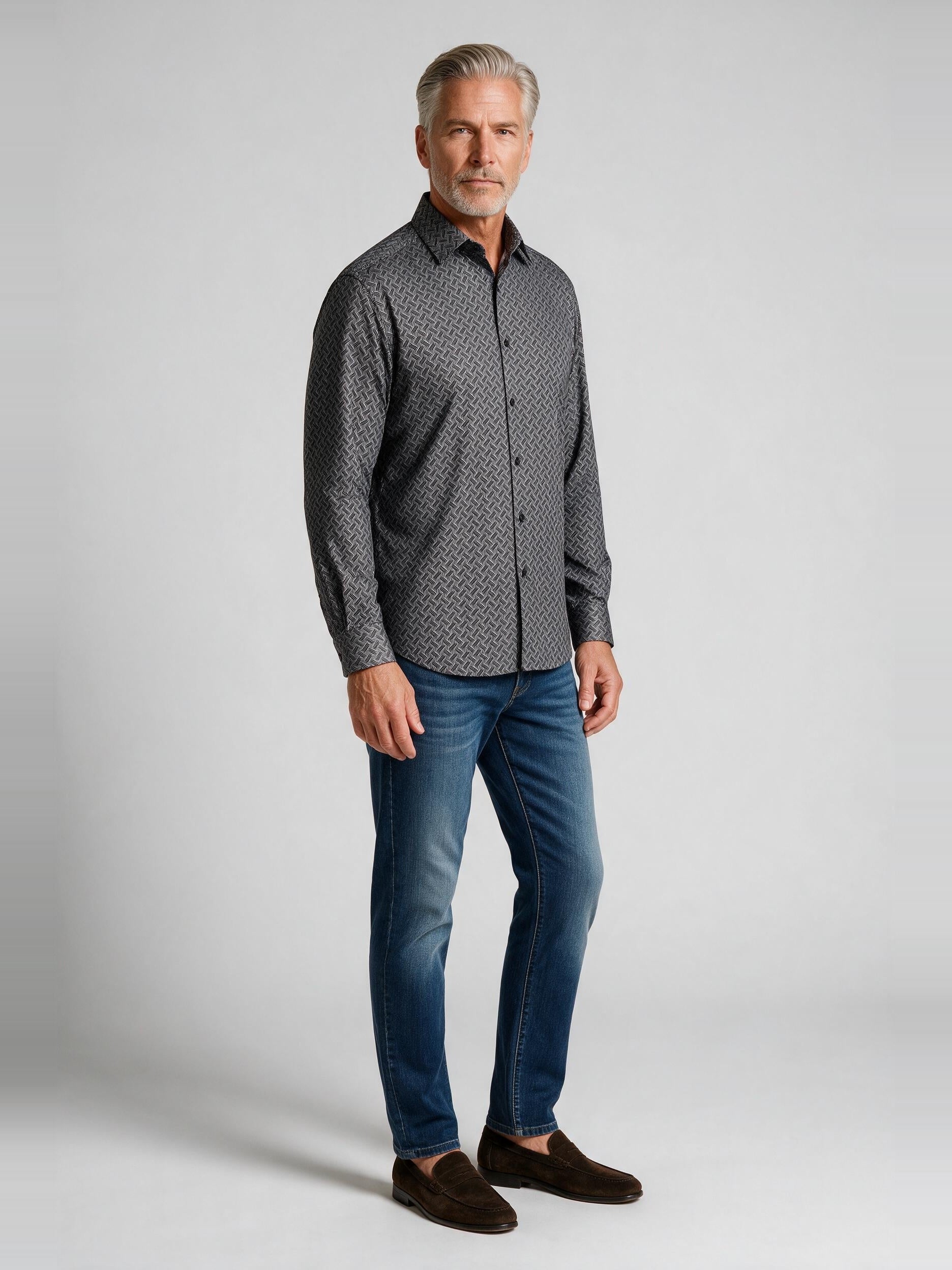 Bugatchi Ooohcotton L/S Devon Shirt, White, worn with denim | Mondo Uomo Naples FL