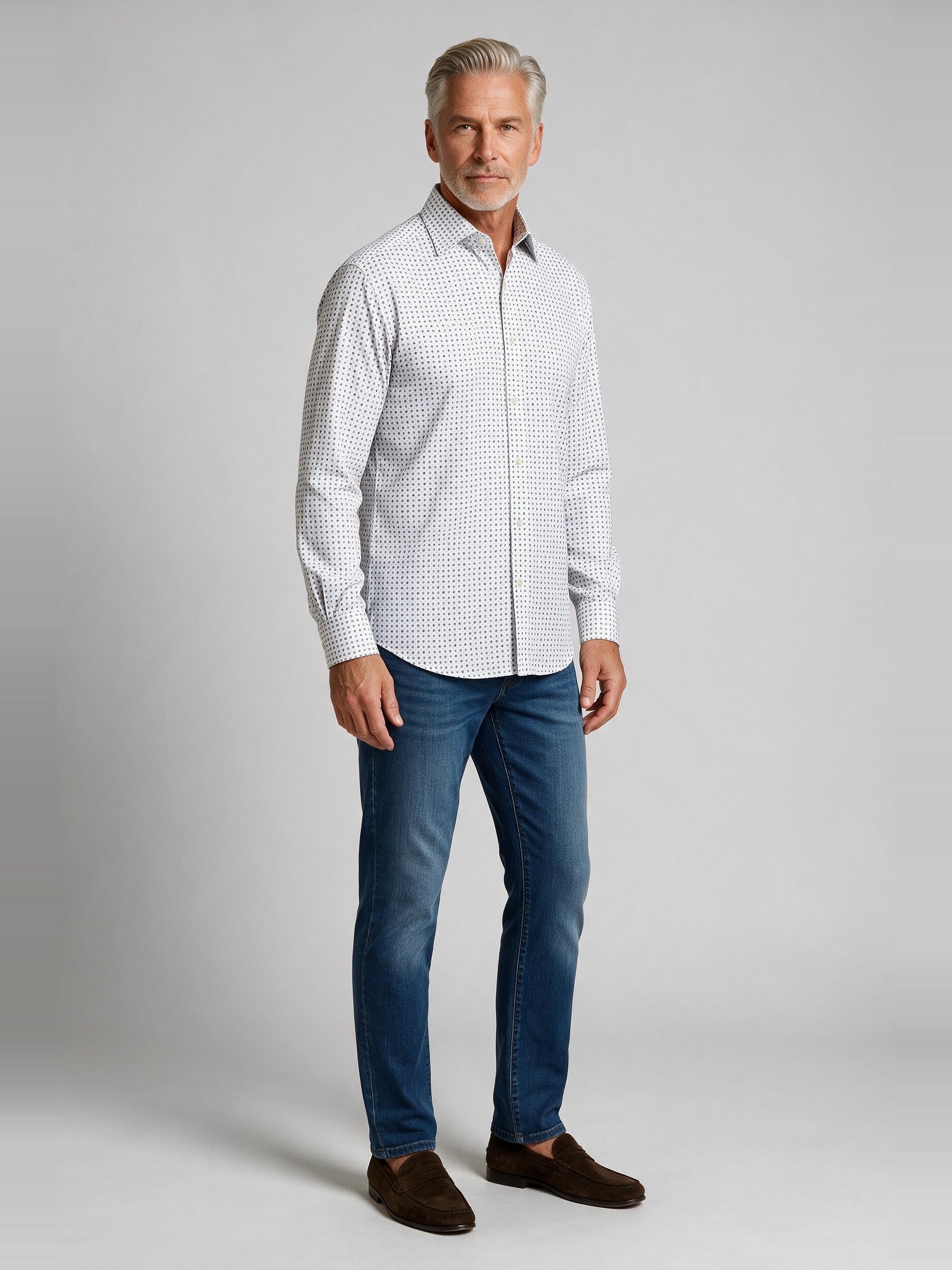 Bugatchi Ooohcotton L/S Devon Shirt, White, worn with denim | Mondo Uomo Naples FL
