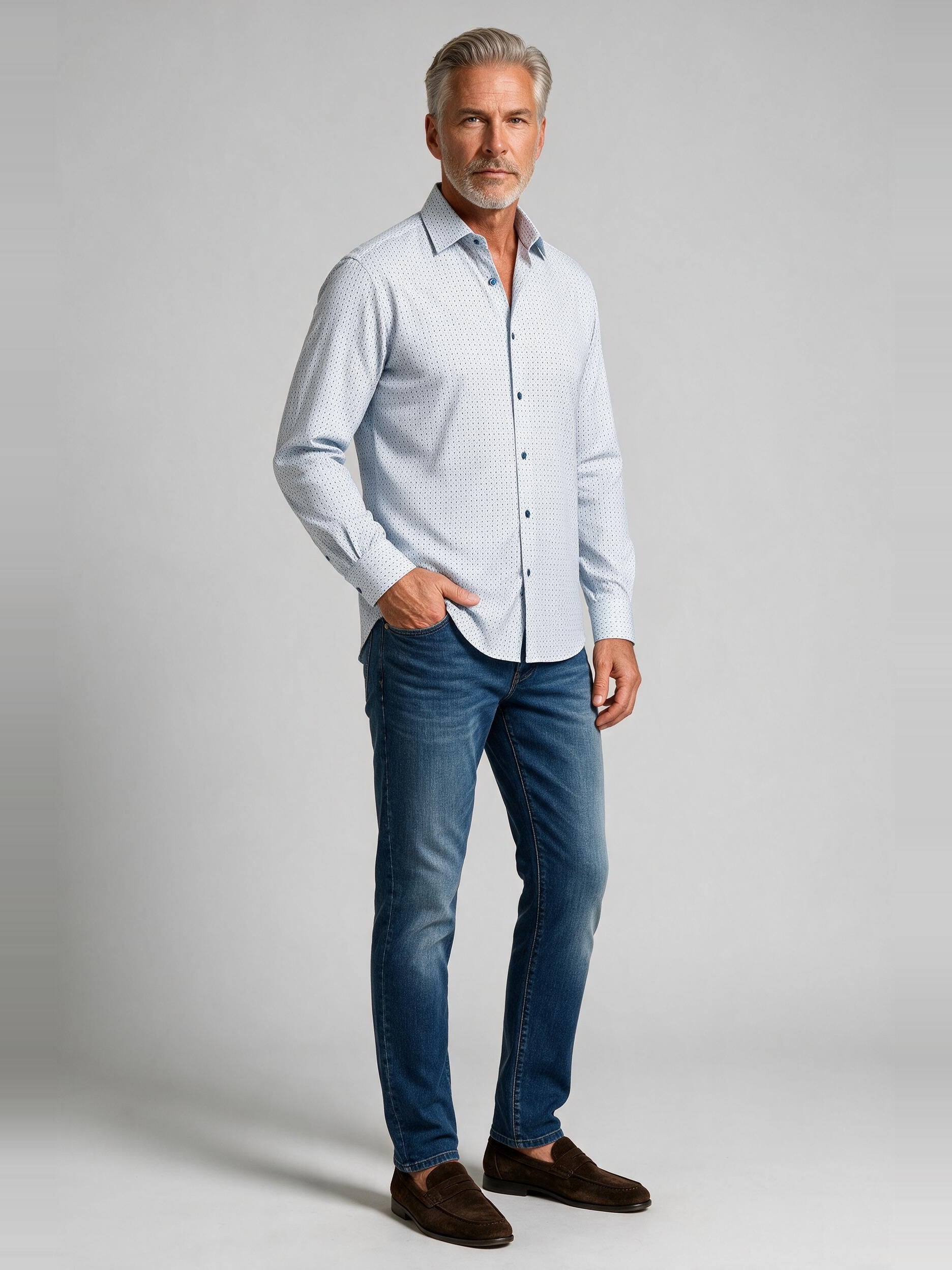 Bugatchi Ooohcotton L/S James Shirt, Air Blue, worn with denim | Mondo Uomo Naples FL