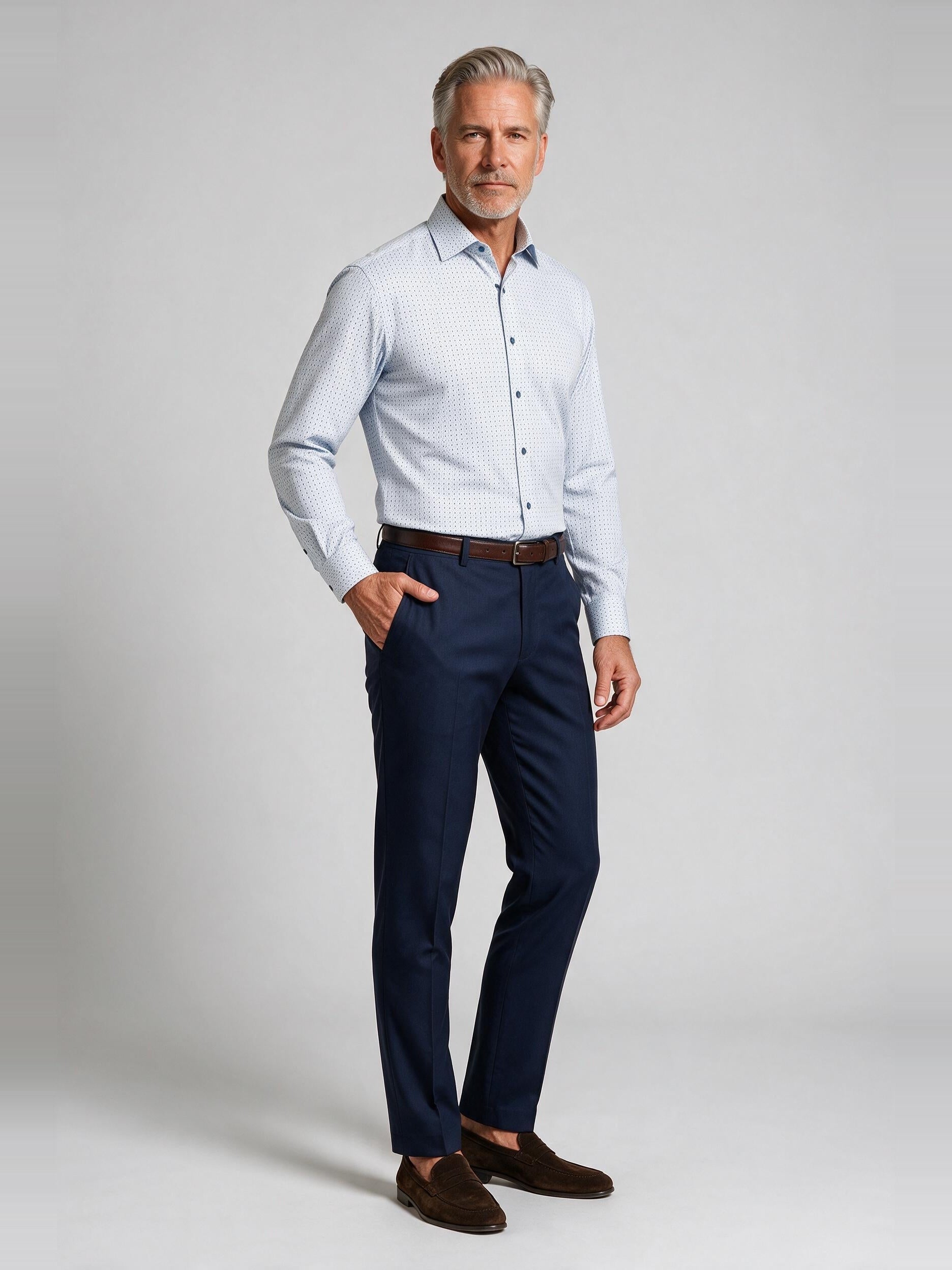 Bugatchi Ooohcotton L/S James Shirt, Air Blue, worn with a dress trouser | Mondo Uomo Naples FL