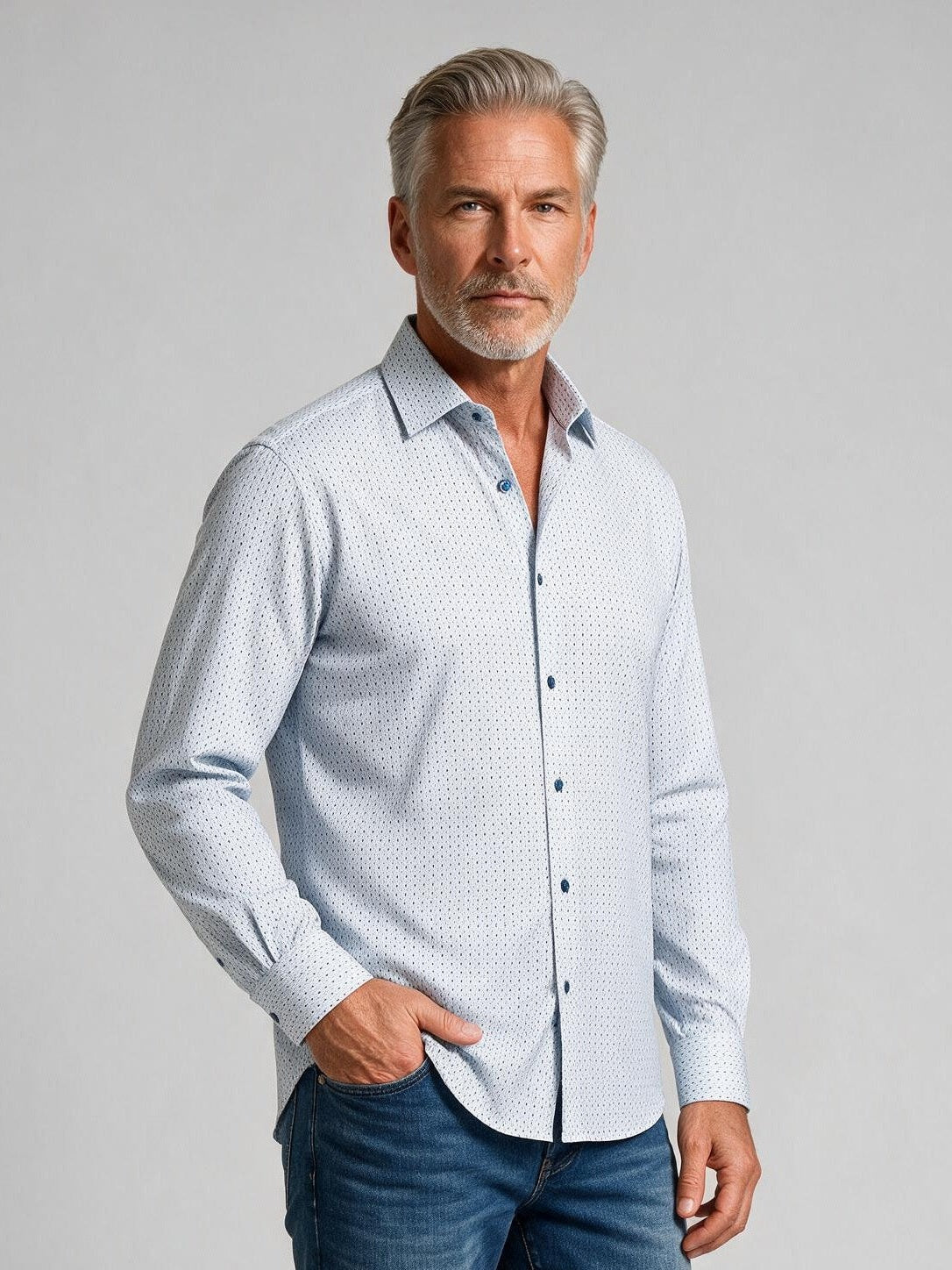 Bugatchi Ooohcotton L/S James Shirt, Air Blue, detail | Mondo Uomo Naples FL