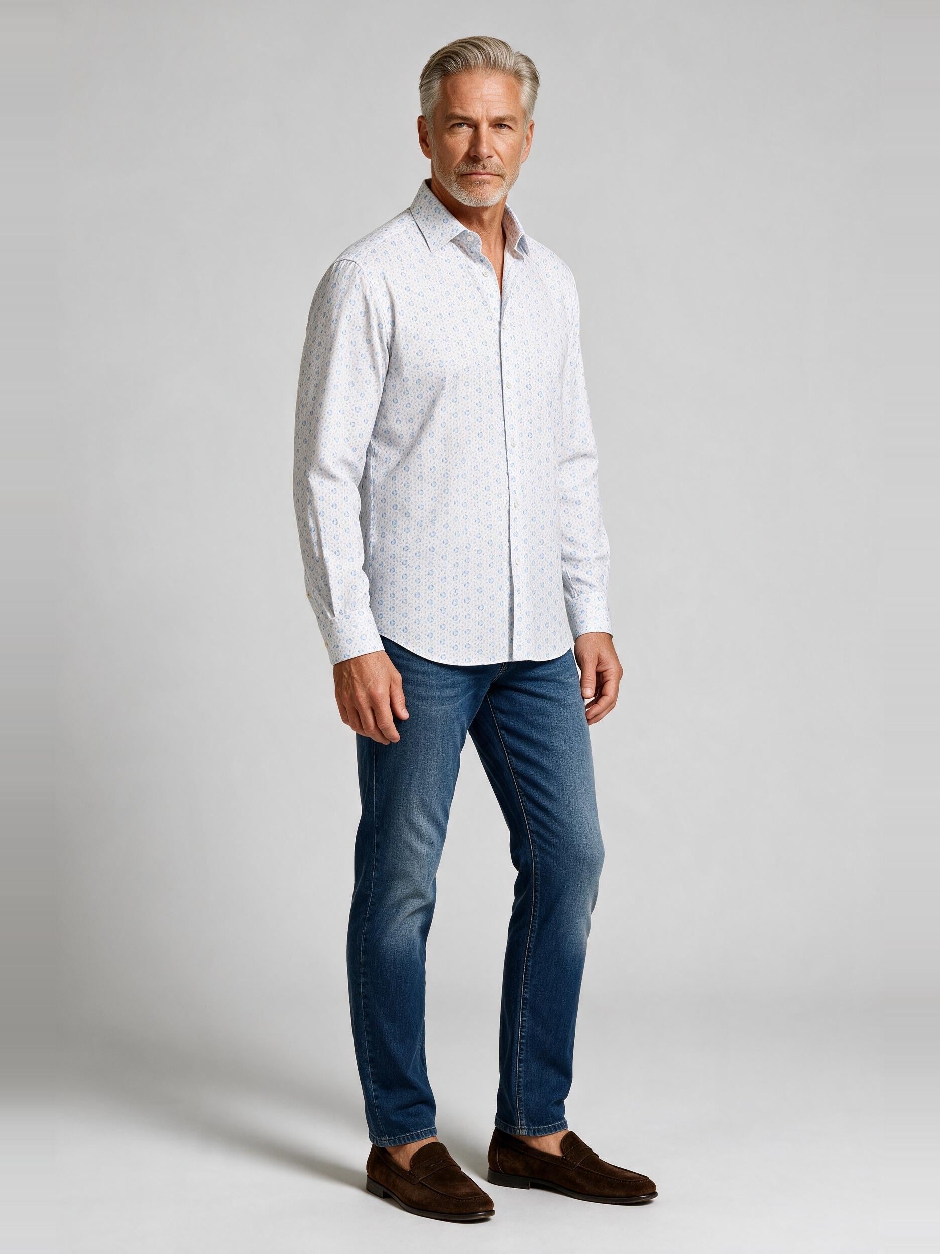 Bugatchi Ooohcotton L/S James Shirt, Air Blue, worn with denim | Mondo Uomo Naples FL