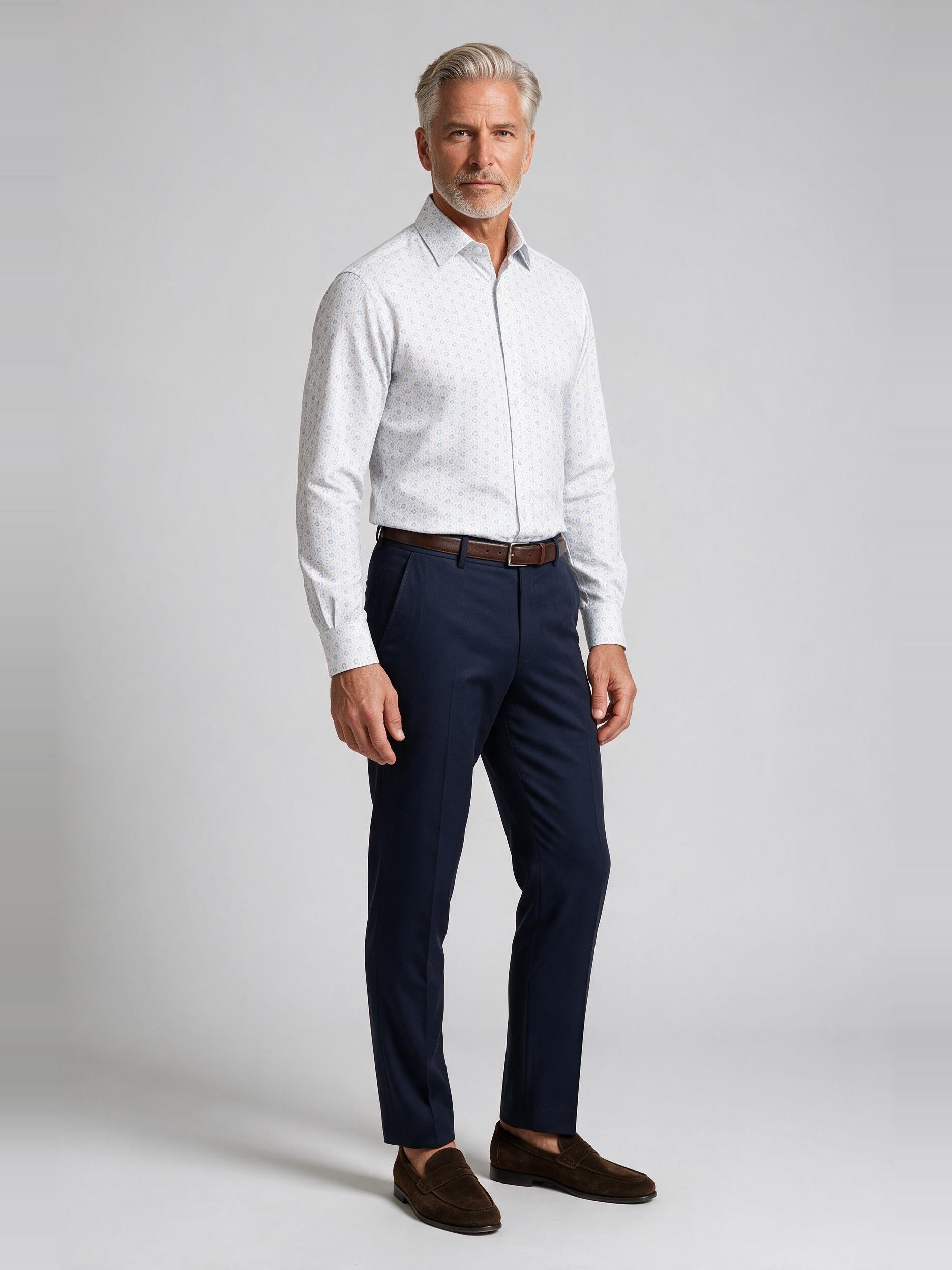 Bugatchi Ooohcotton L/S James Shirt, Air Blue, worn with a dress trouser | Mondo Uomo Naples FL