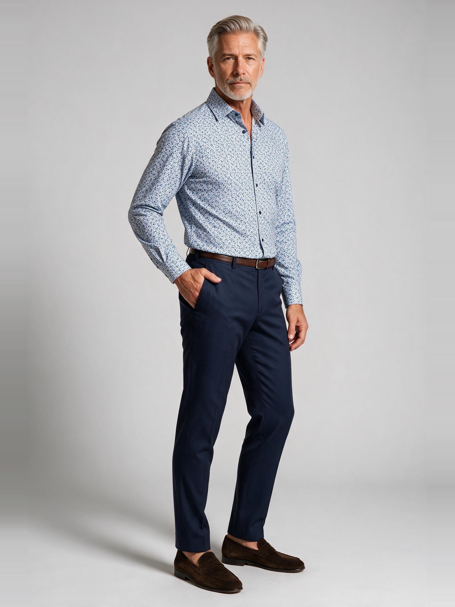 Bugatchi Ooohcotton L/S James Shirt, Air Blue, worn with a dress trouser | Mondo Uomo Naples FL