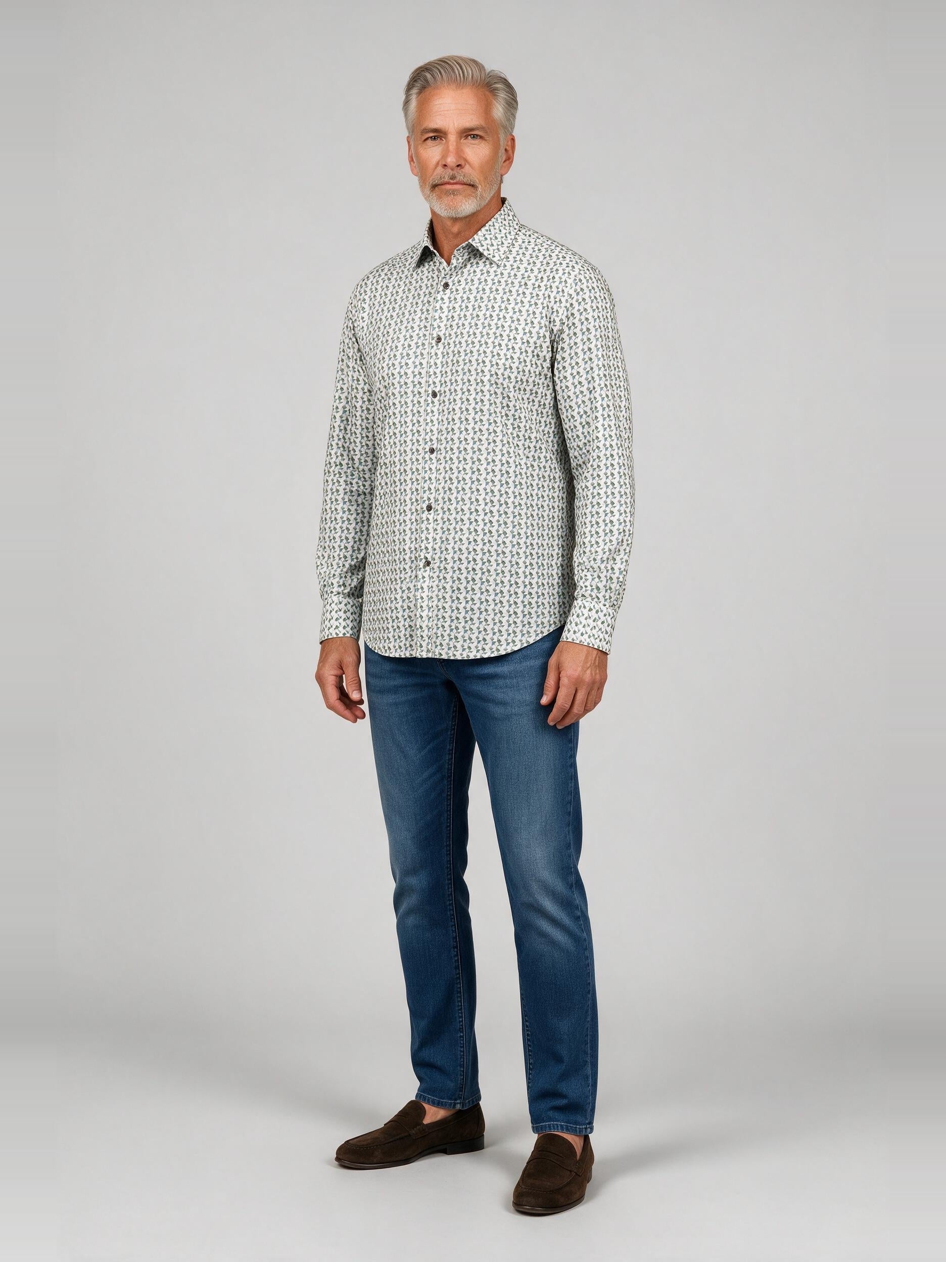 Bugatchi Ooohcotton L/S James Shirt, Avocado, worn with denim | Mondo Uomo Naples FL