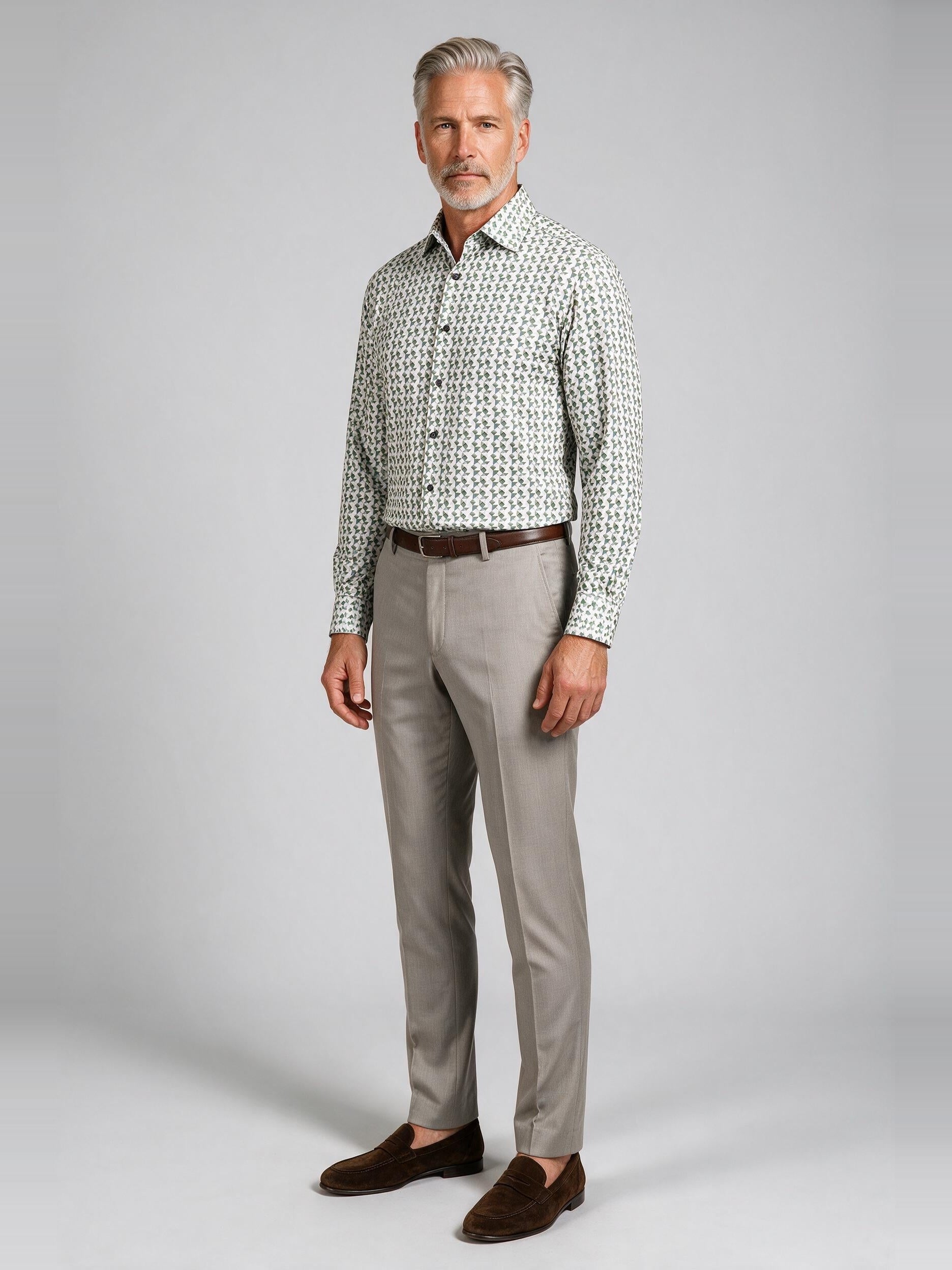 Bugatchi Ooohcotton L/S James Shirt, Avocado, worn with a dress trouser | Mondo Uomo Naples FL