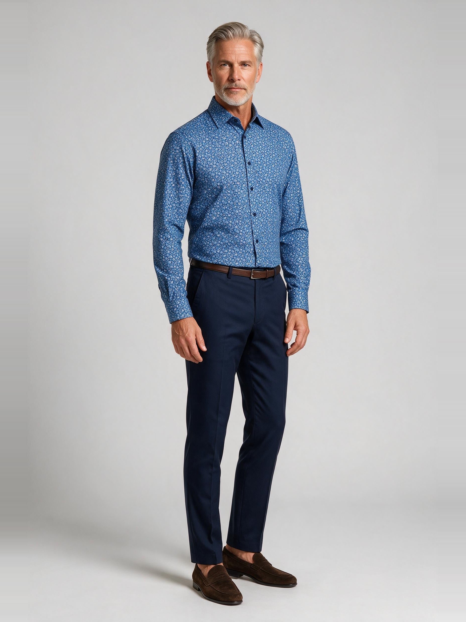 Bugatchi Ooohcotton L/S James Shirt, Classic Blue, worn with a dress trouser | Mondo Uomo Naples FL