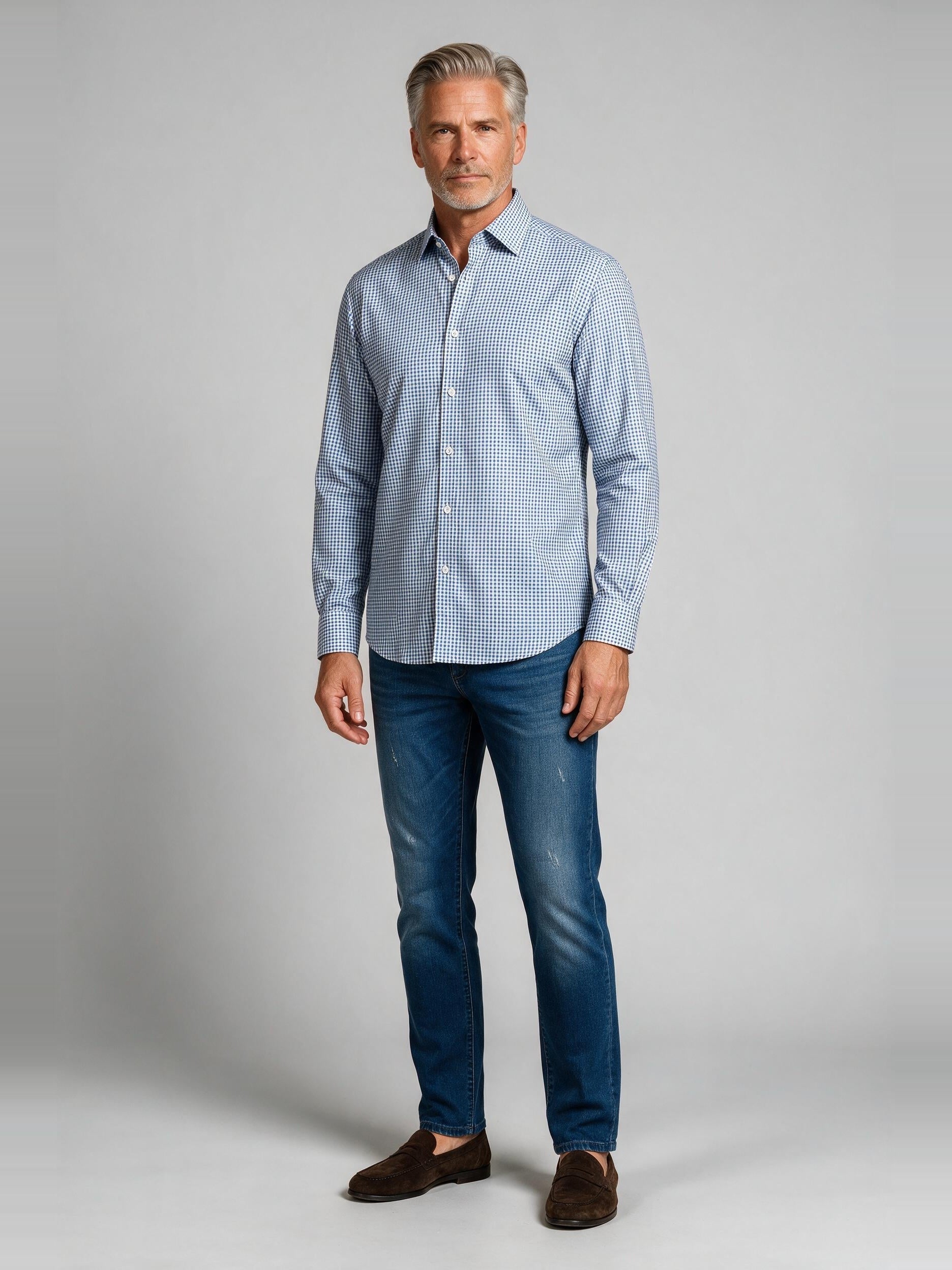 Bugatchi Ooohcotton L/S James Shirt, Classic Blue, worn with denim | Mondo Uomo Naples FL