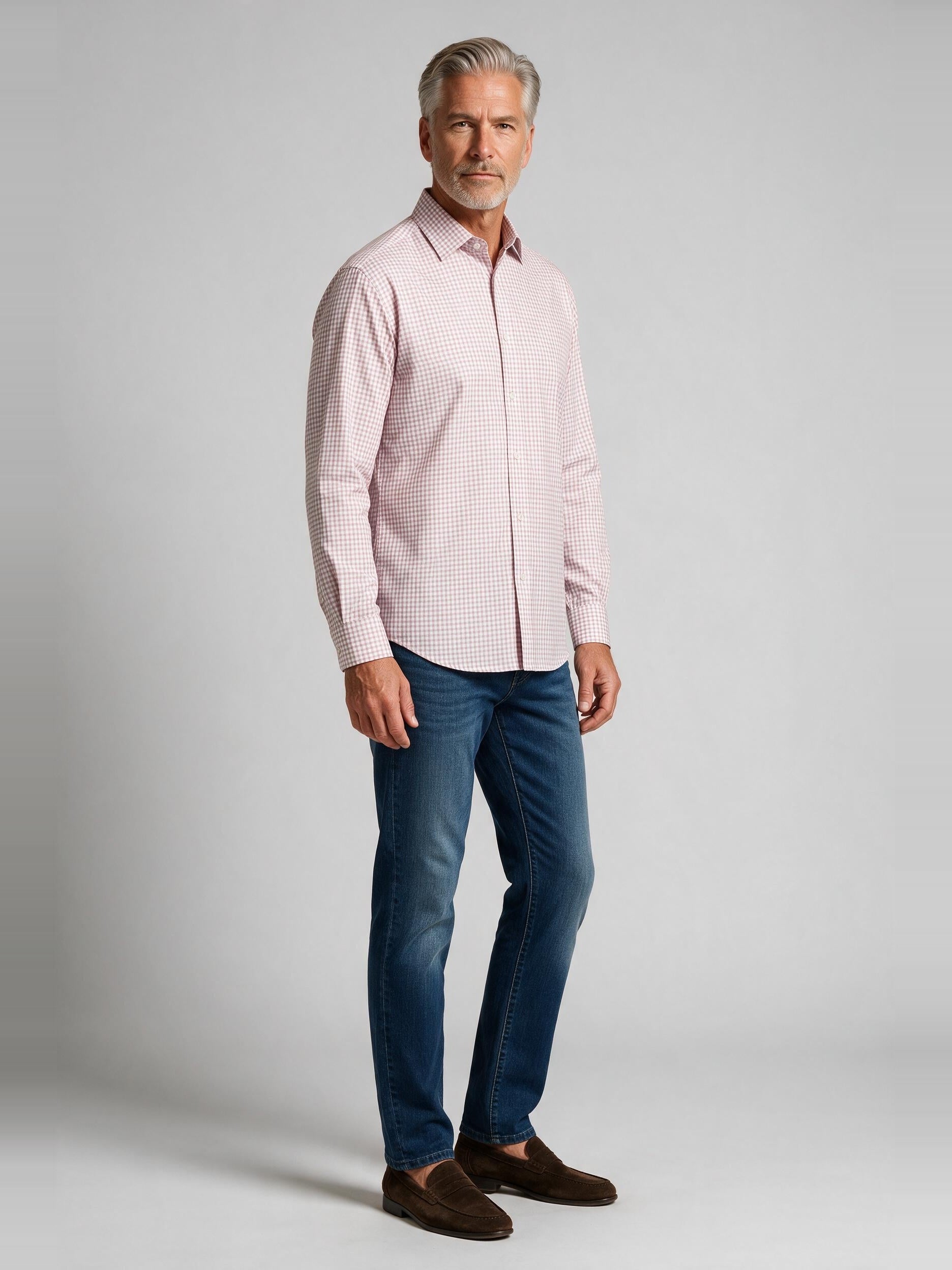 Bugatchi Ooohcotton L/S James Shirt, Dusty Pink, worn with denim | Mondo Uomo Naples FL