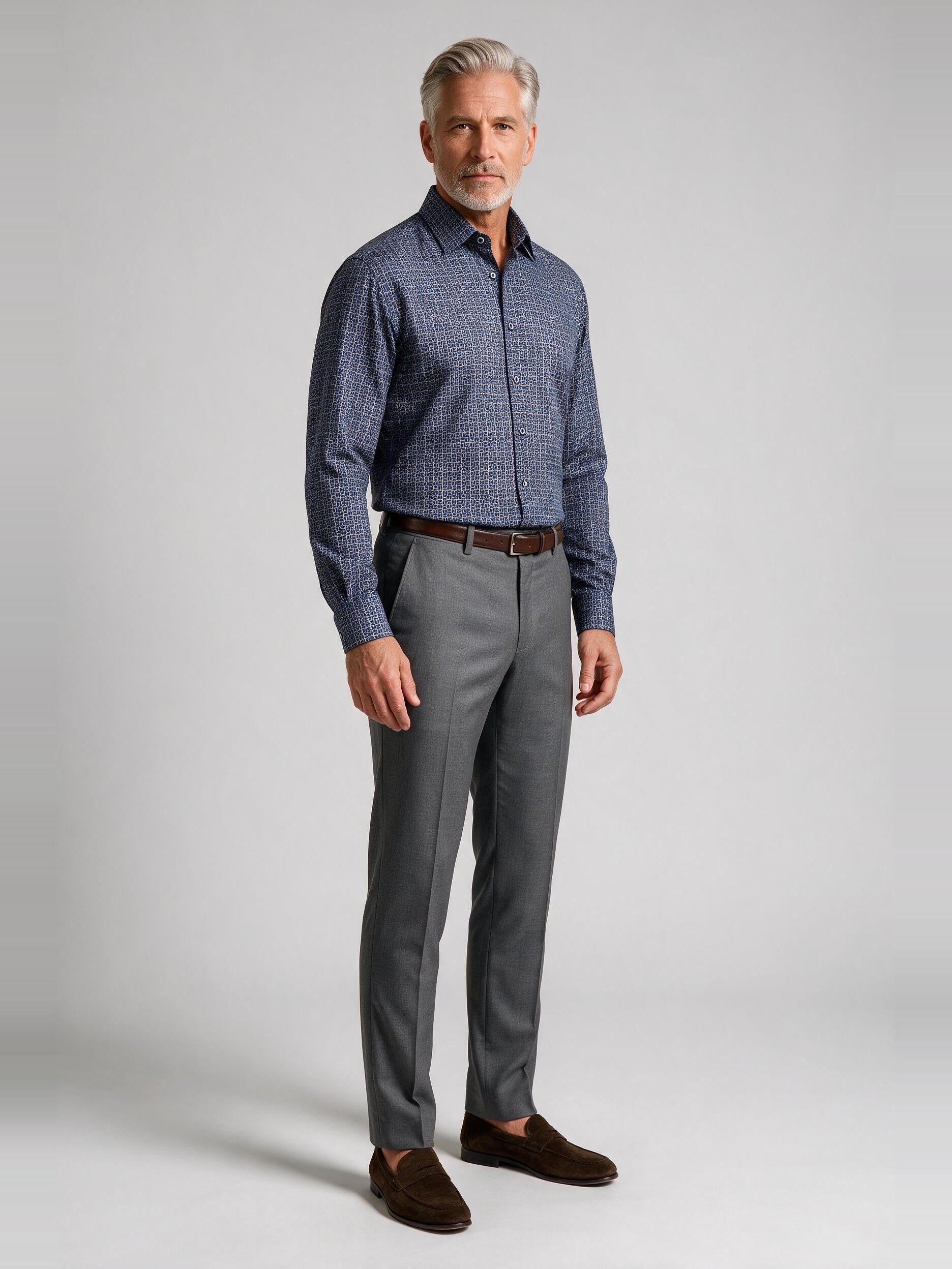 Bugatchi Ooohcotton L/S James Shirt, Indigo, worn with a dress trouser | Mondo Uomo Naples FL