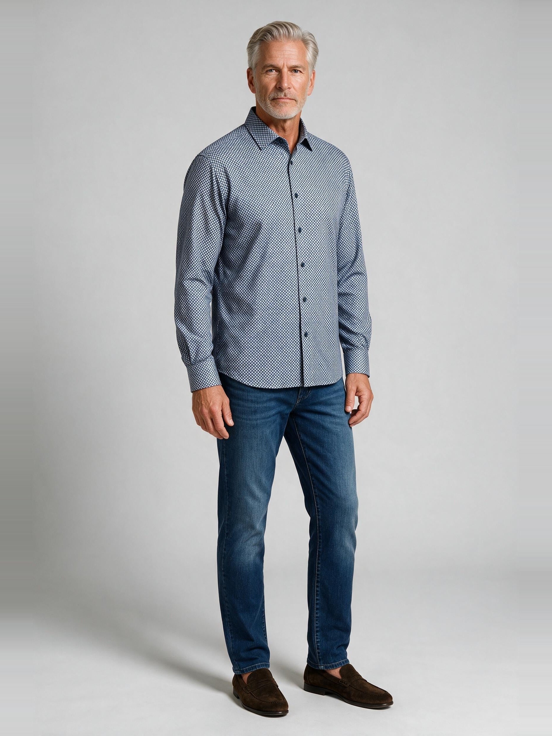 Bugatchi Ooohcotton L/S James Shirt, Marine Blue, worn with denim | Mondo Uomo Naples FL