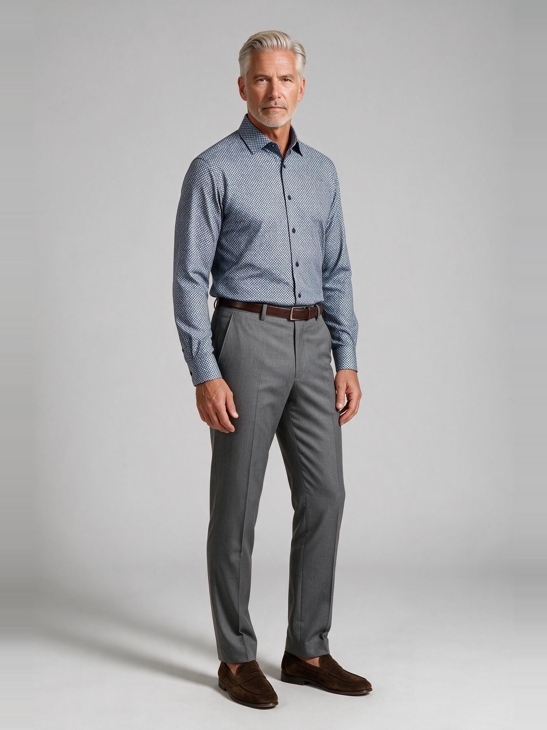 Bugatchi Ooohcotton L/S James Shirt, Marine Blue, worn with a dress trouser | Mondo Uomo Naples FL