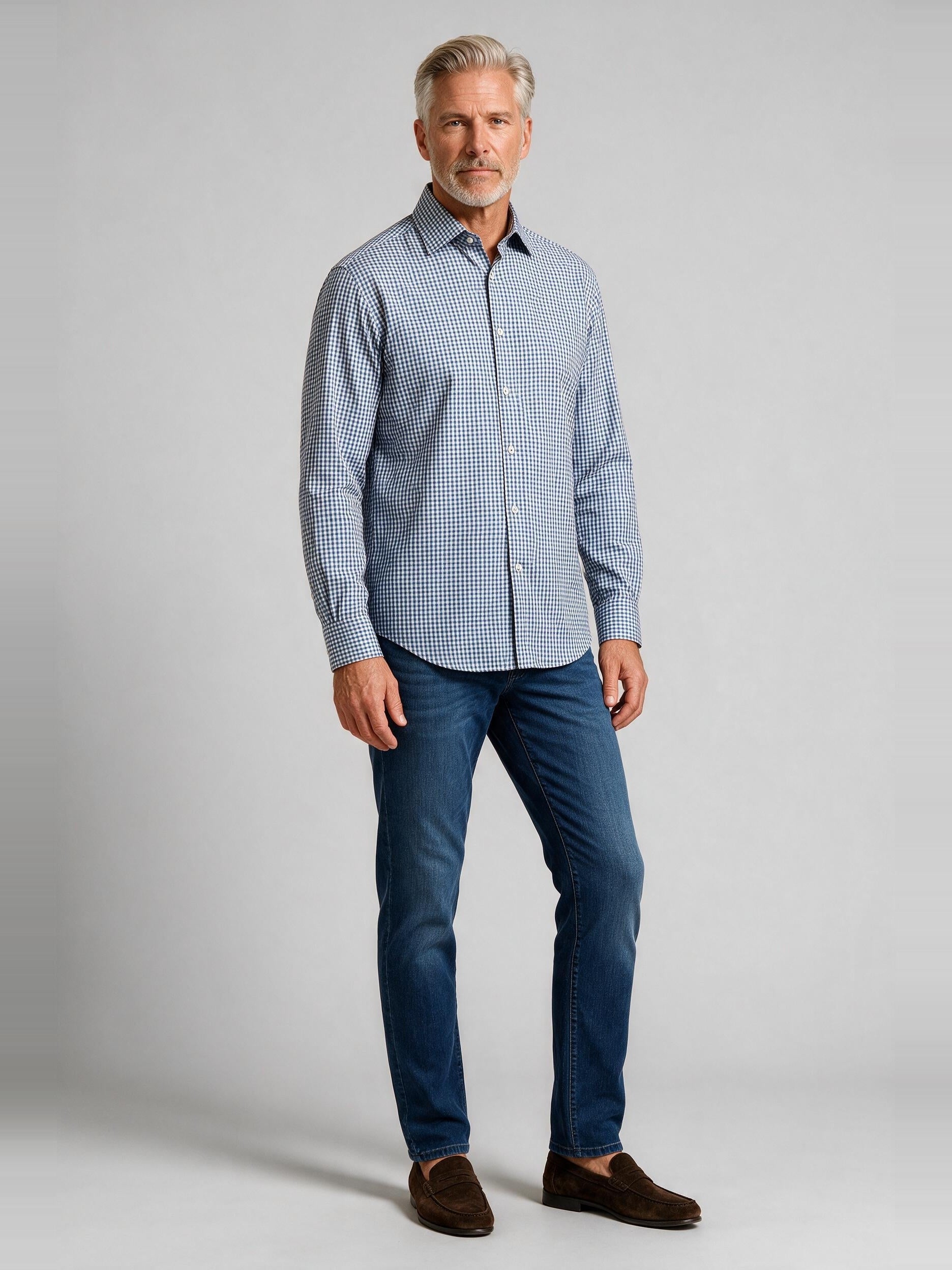 Bugatchi Ooohcotton L/S James Shirt, Navy, worn with denim | Mondo Uomo Naples FL