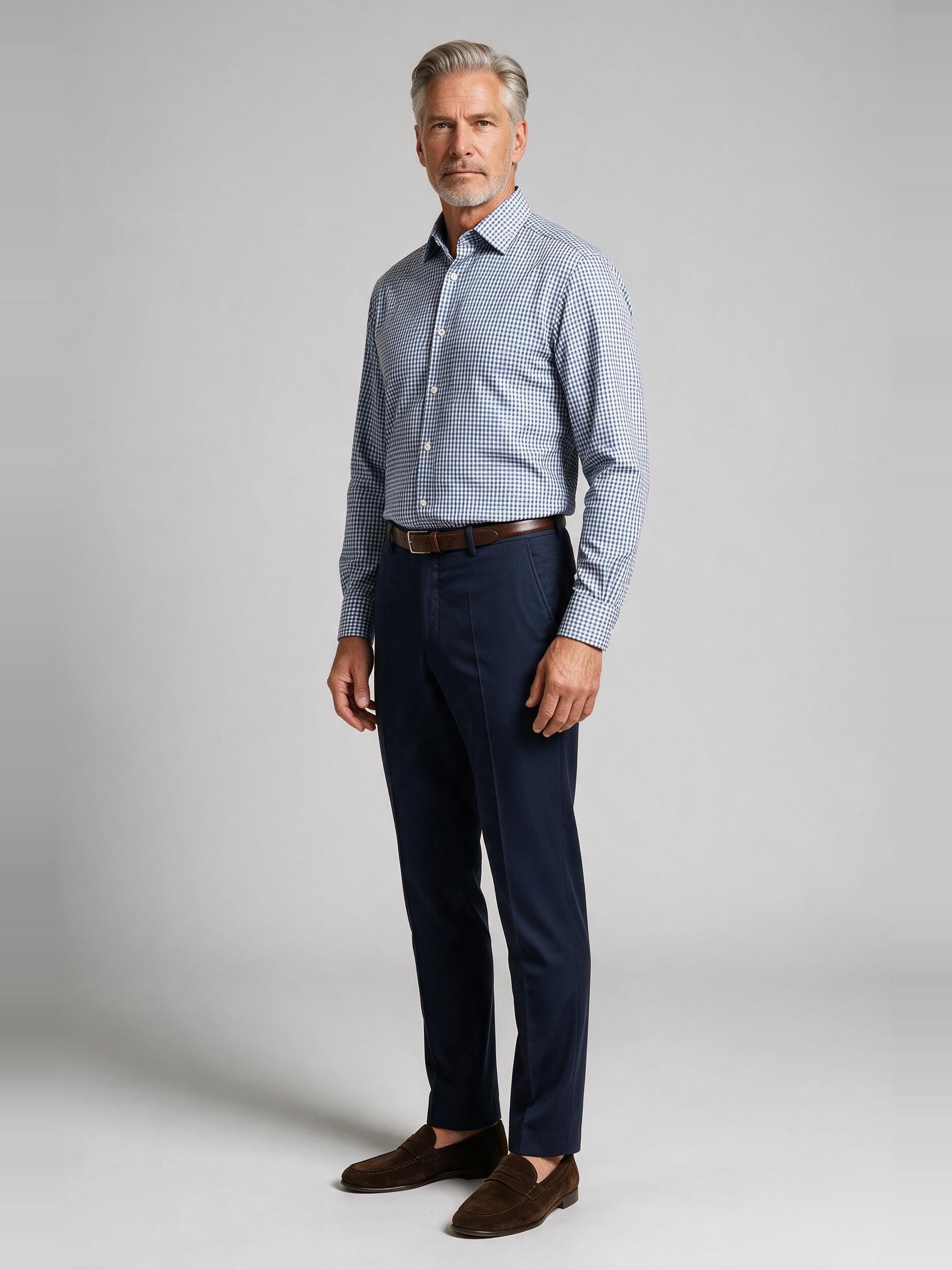 Bugatchi Ooohcotton L/S James Shirt, Navy, worn with a dress trouser | Mondo Uomo Naples FL