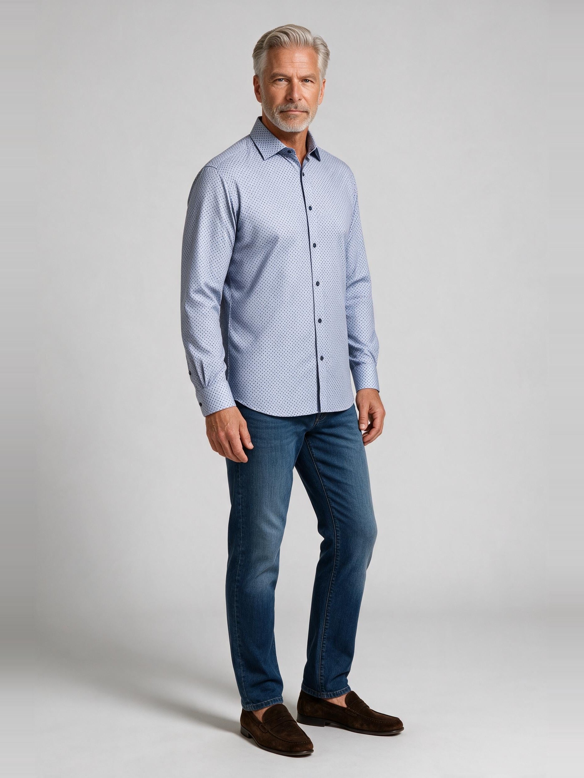 Bugatchi Ooohcotton L/S James Shirt, Orchid, worn with denim | Mondo Uomo Naples FL