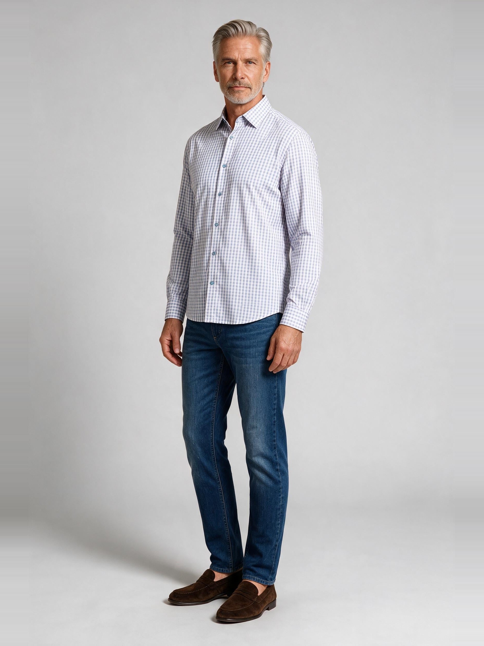 Bugatchi Ooohcotton L/S James Shirt, Orchid, worn with denim | Mondo Uomo Naples FL
