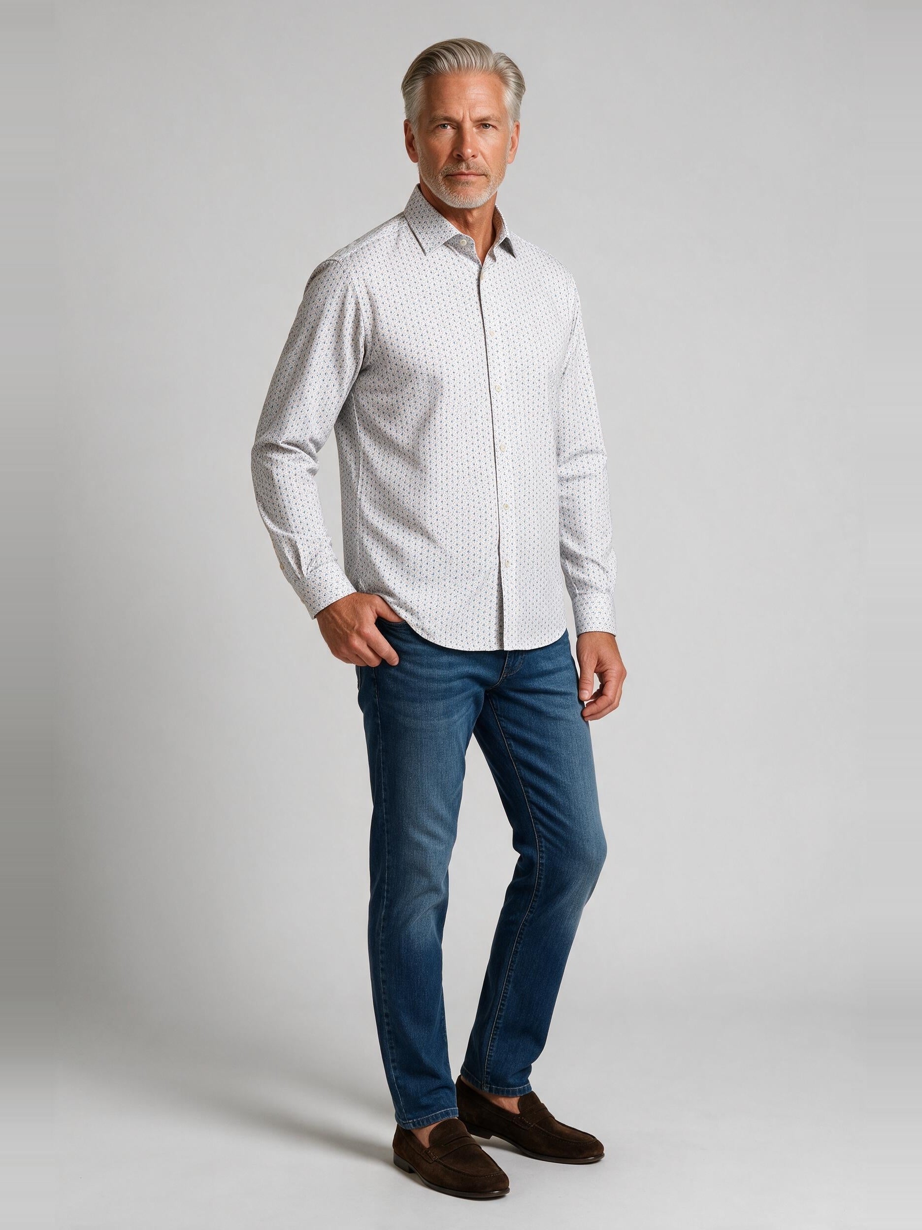 Bugatchi Ooohcotton L/S James Shirt, Sand, worn with denim | Mondo Uomo Naples FL