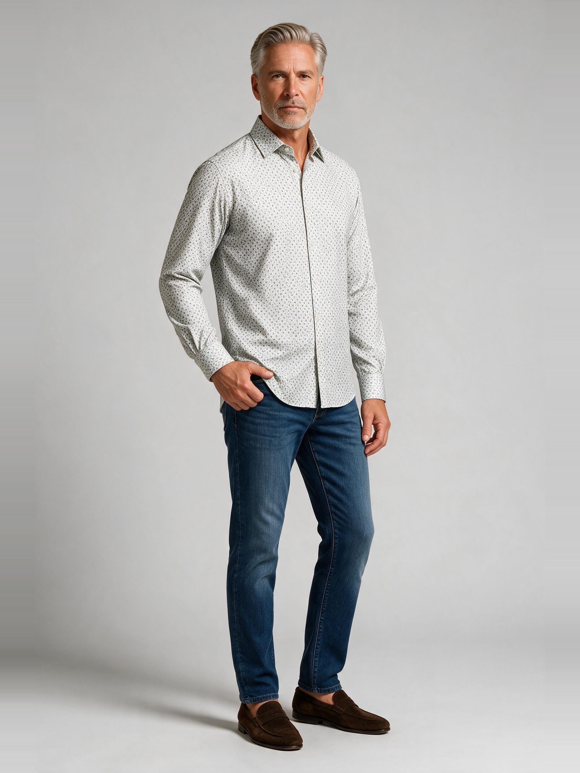 Bugatchi Ooohcotton L/S James Shirt, Seafoam, worn with denim | Mondo Uomo Naples FL