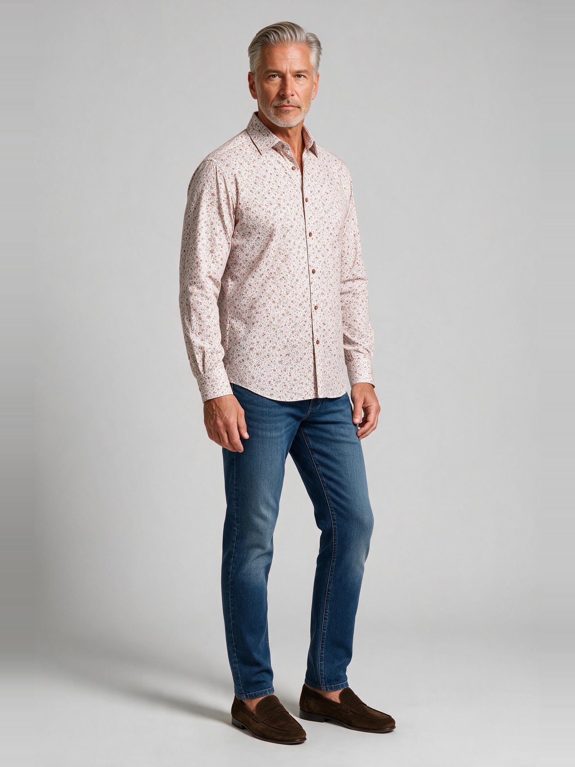 Bugatchi Ooohcotton L/S James Shirt, Sienna, worn with denim | Mondo Uomo Naples FL