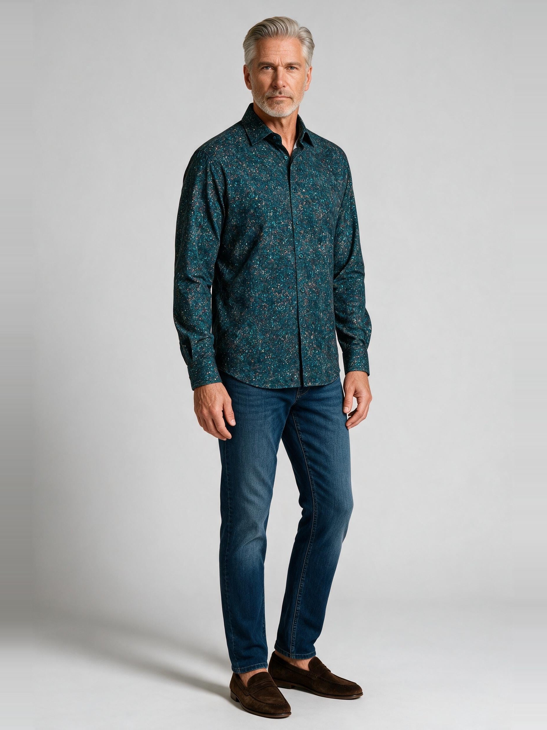Bugatchi Ooohcotton L/S James Shirt, Teal, worn with denim | Mondo Uomo Naples FL
