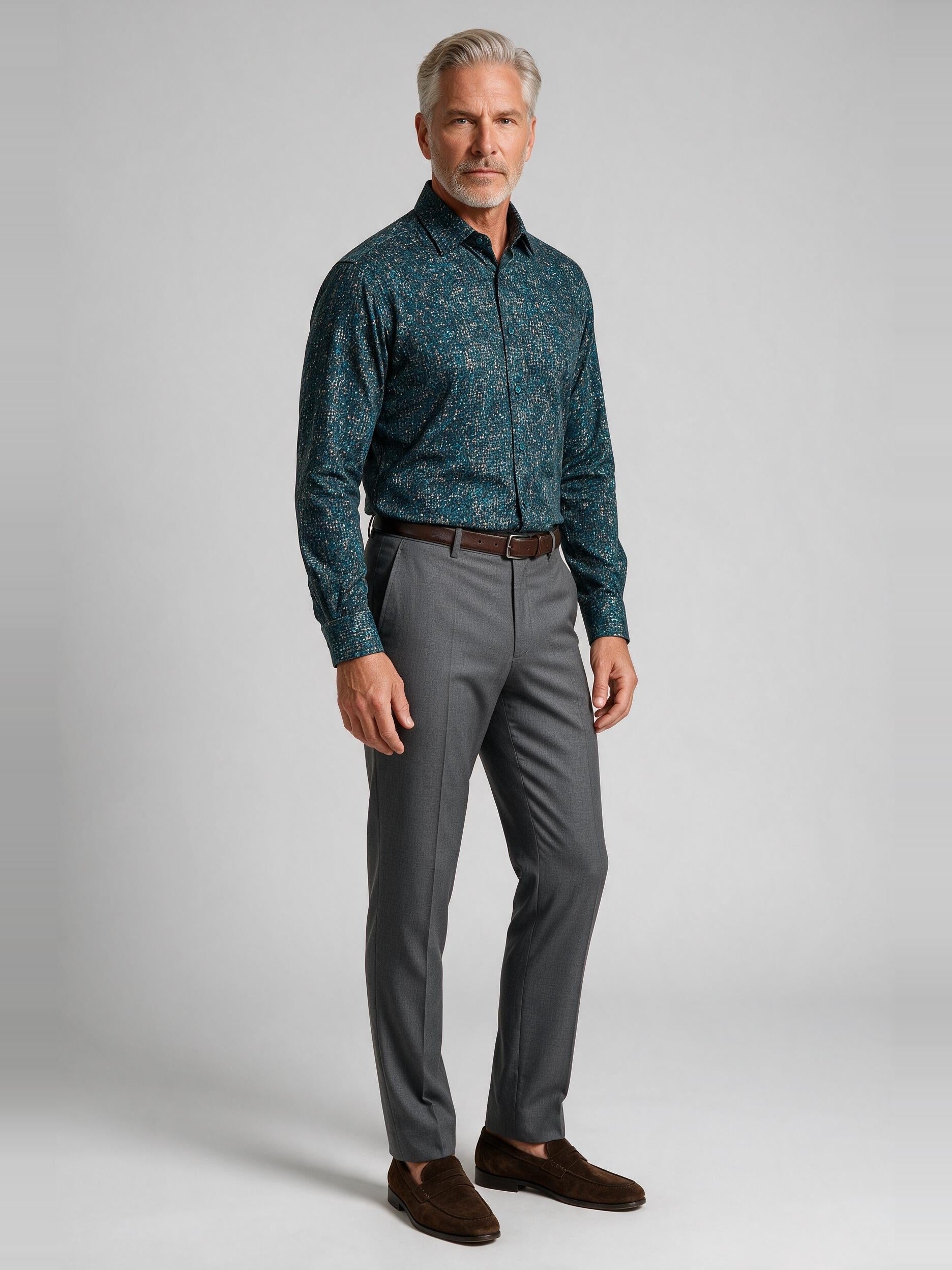 Bugatchi Ooohcotton L/S James Shirt, Teal, worn with a dress trouser | Mondo Uomo Naples FL