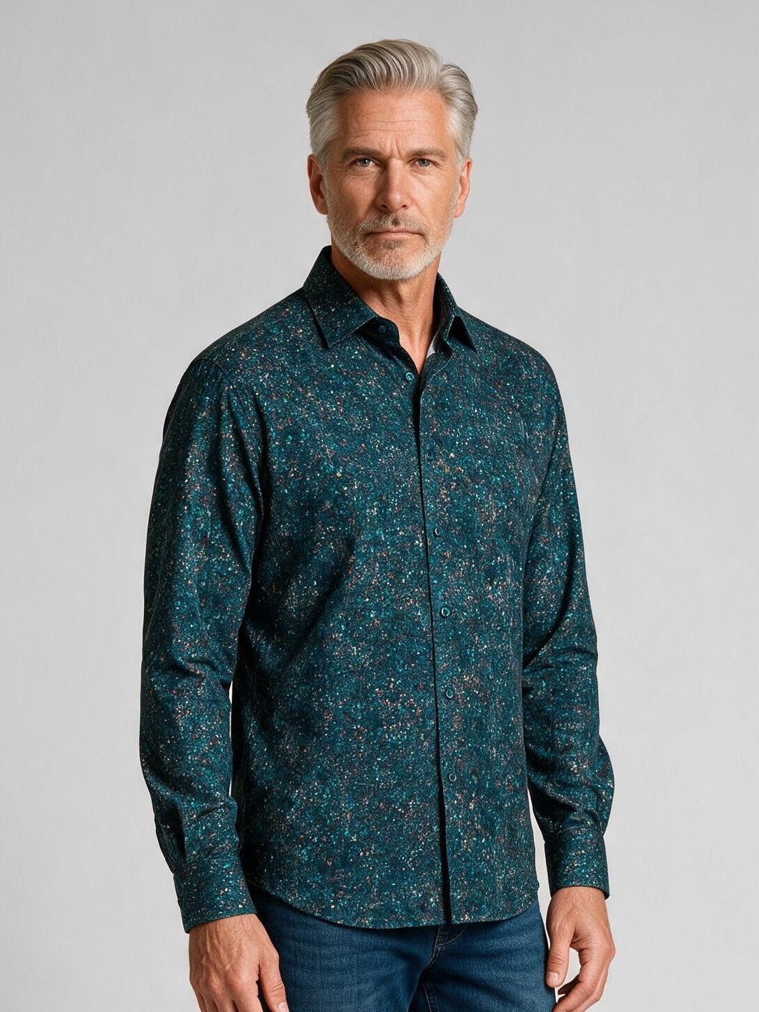 Bugatchi Ooohcotton L/S James Shirt, Teal, detail | Mondo Uomo Naples FL