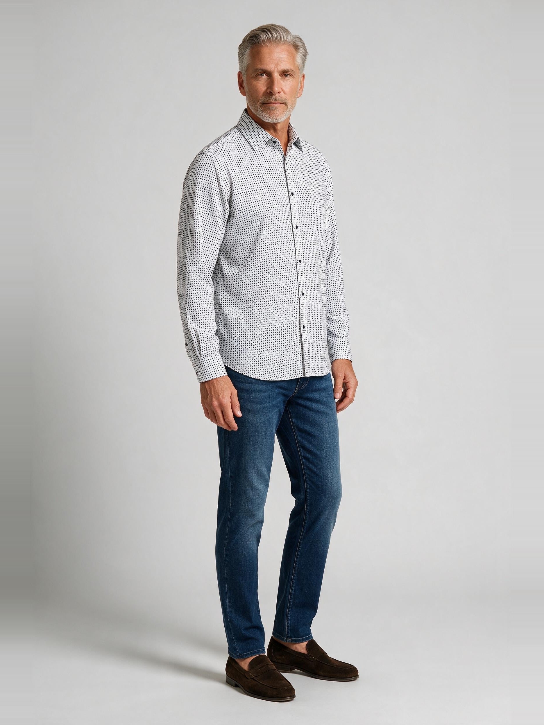 Bugatchi Ooohcotton L/S James Shirt, White, worn with denim | Mondo Uomo Naples FL