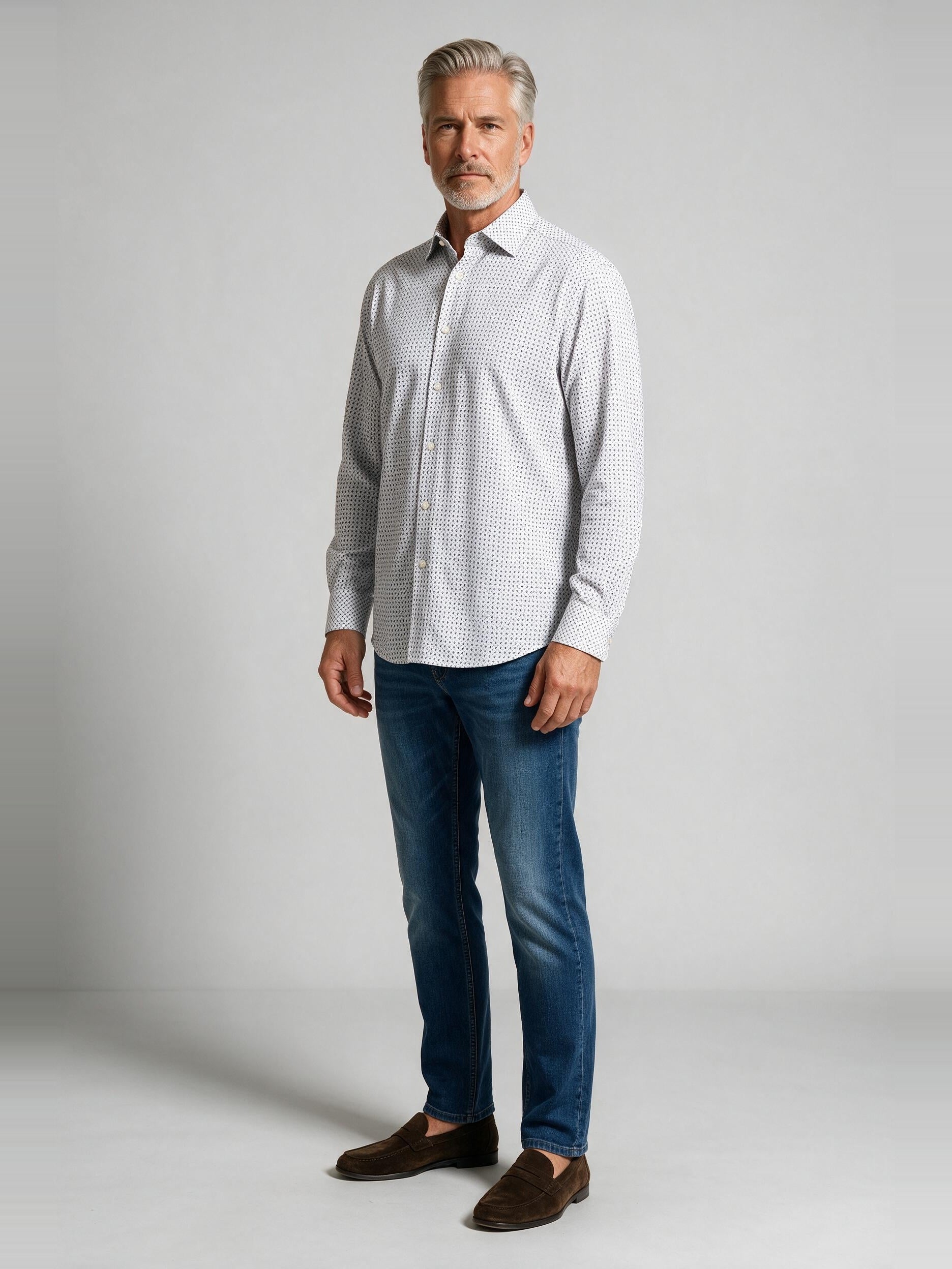 Bugatchi Ooohcotton L/S James Shirt, White, worn with denim | Mondo Uomo Naples FL
