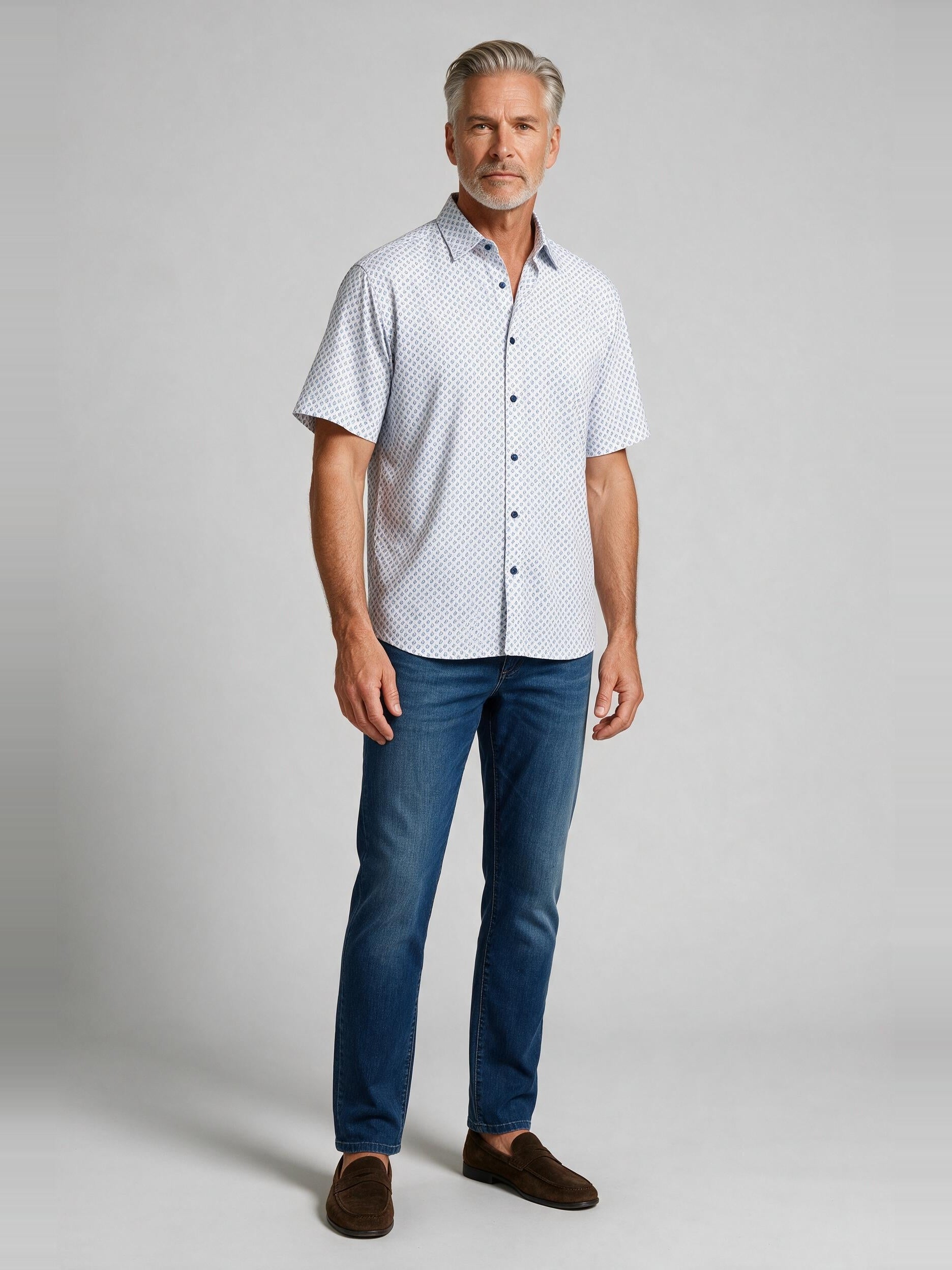 Bugatchi Ooohcotton S/S Miles Shirt, Air Blue, worn with denim | Mondo Uomo Naples FL