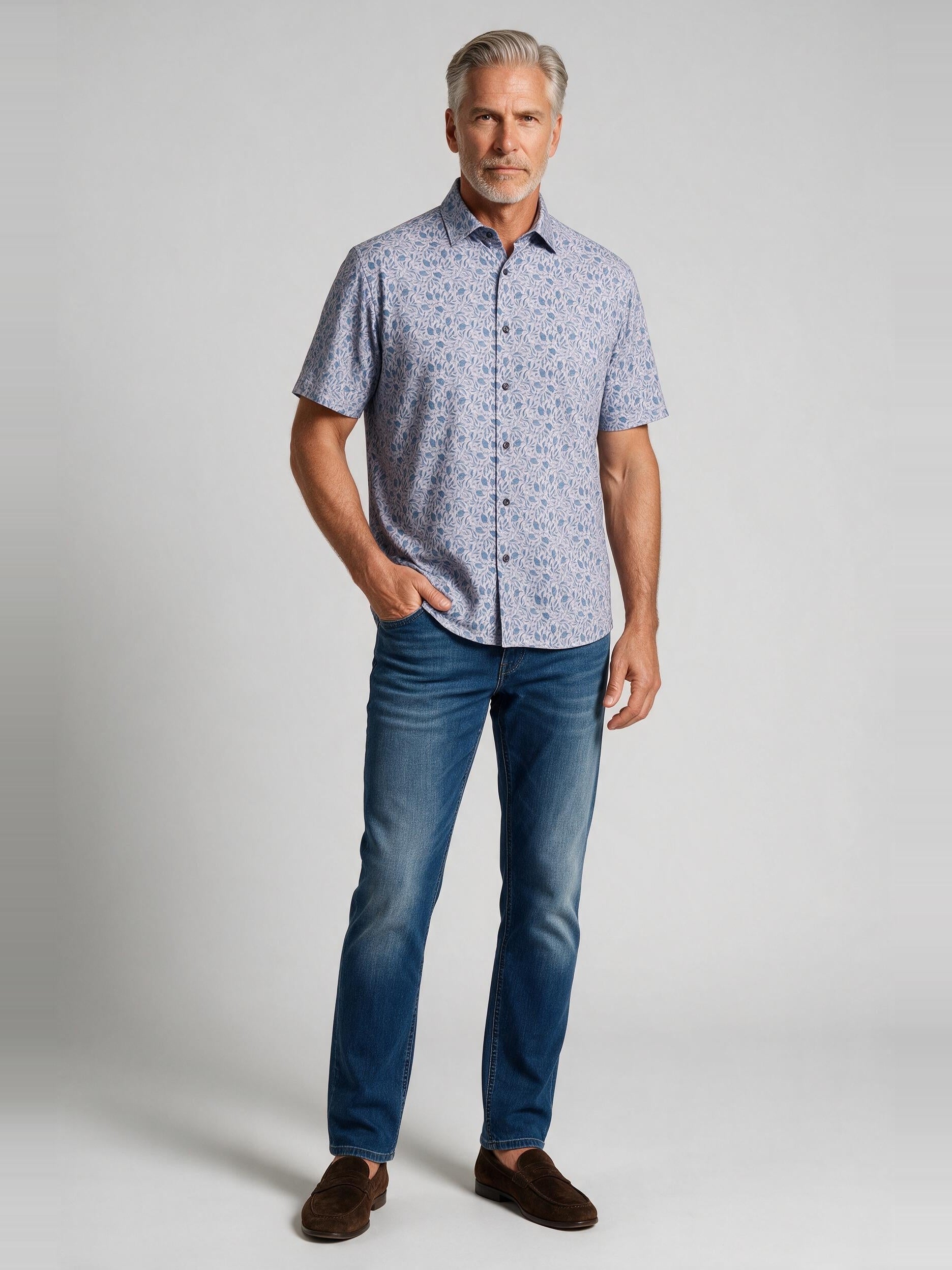 Bugatchi Ooohcotton S/S Miles Shirt, Dusty Pink, worn with denim | Mondo Uomo Naples FL