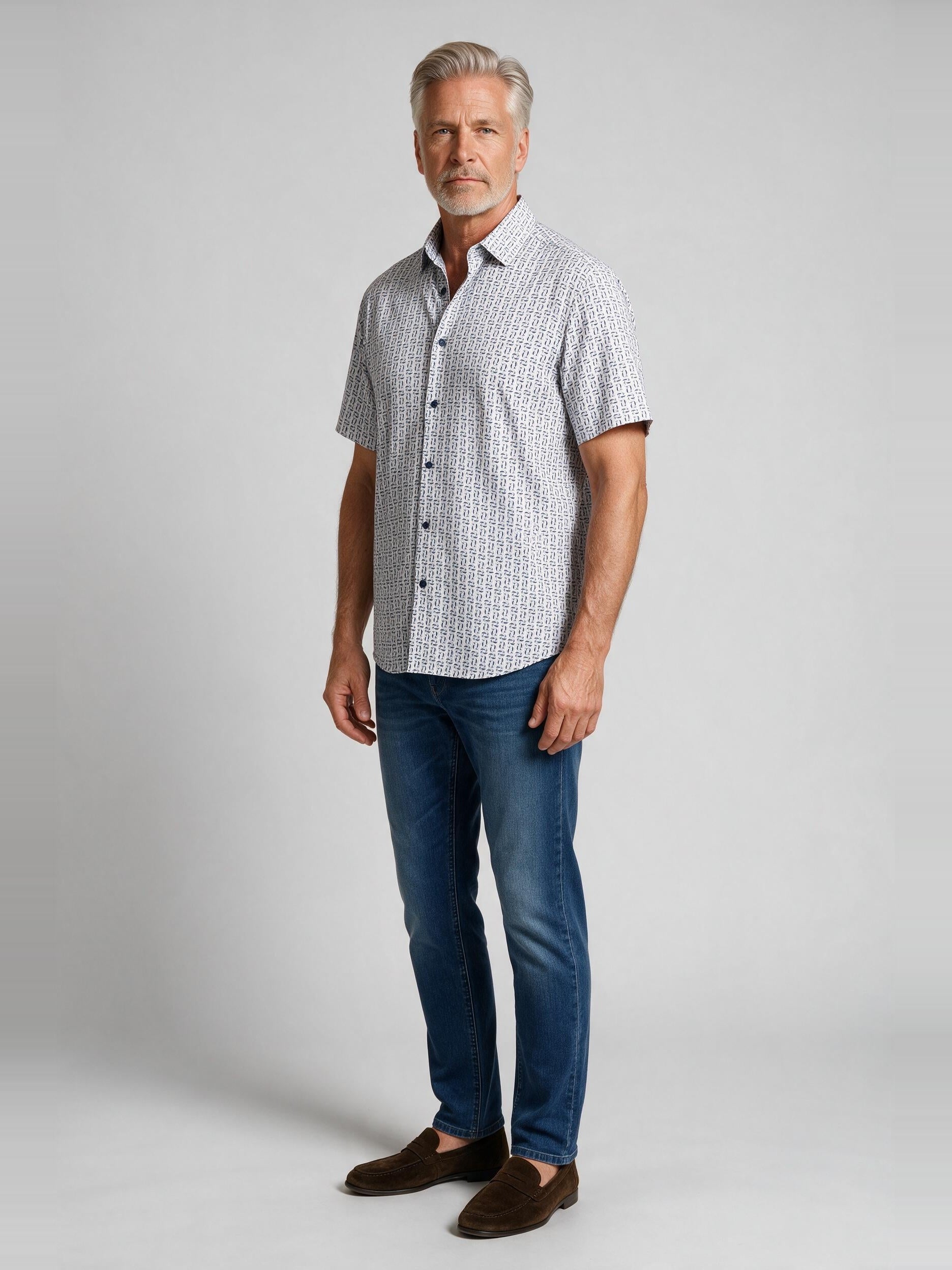 Bugatchi Ooohcotton S/S Miles Shirt, Marine Blue, worn with denim | Mondo Uomo Naples FL