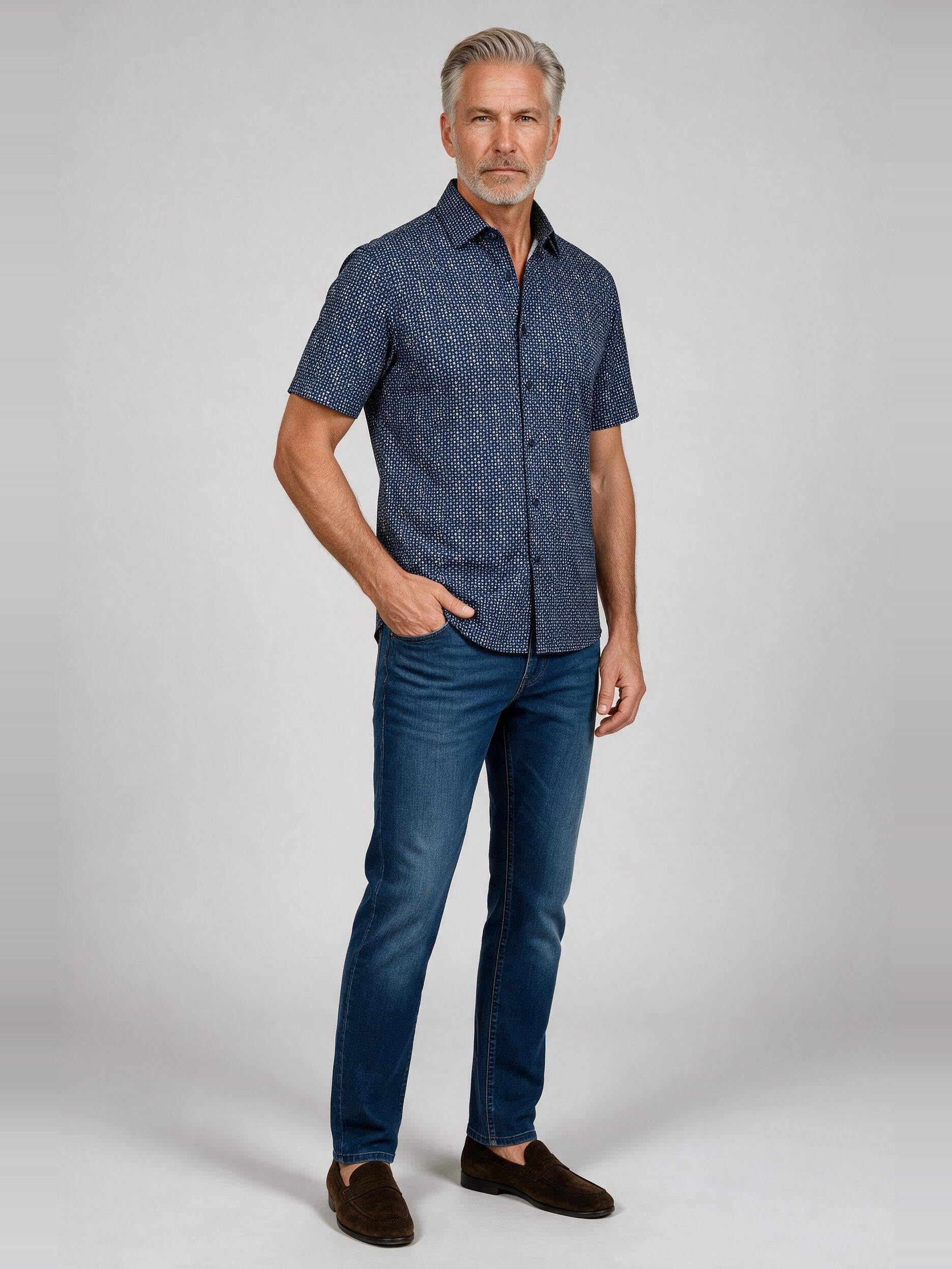 Bugatchi Ooohcotton S/S Miles Shirt, Navy, worn with denim | Mondo Uomo Naples FL