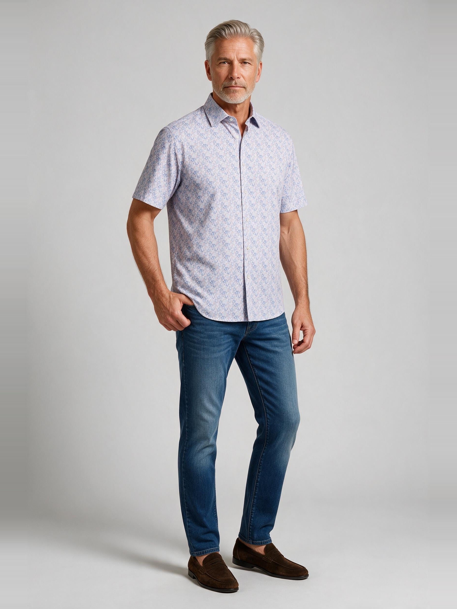 Bugatchi Ooohcotton S/S Miles Shirt, Orchid, worn with denim | Mondo Uomo Naples FL