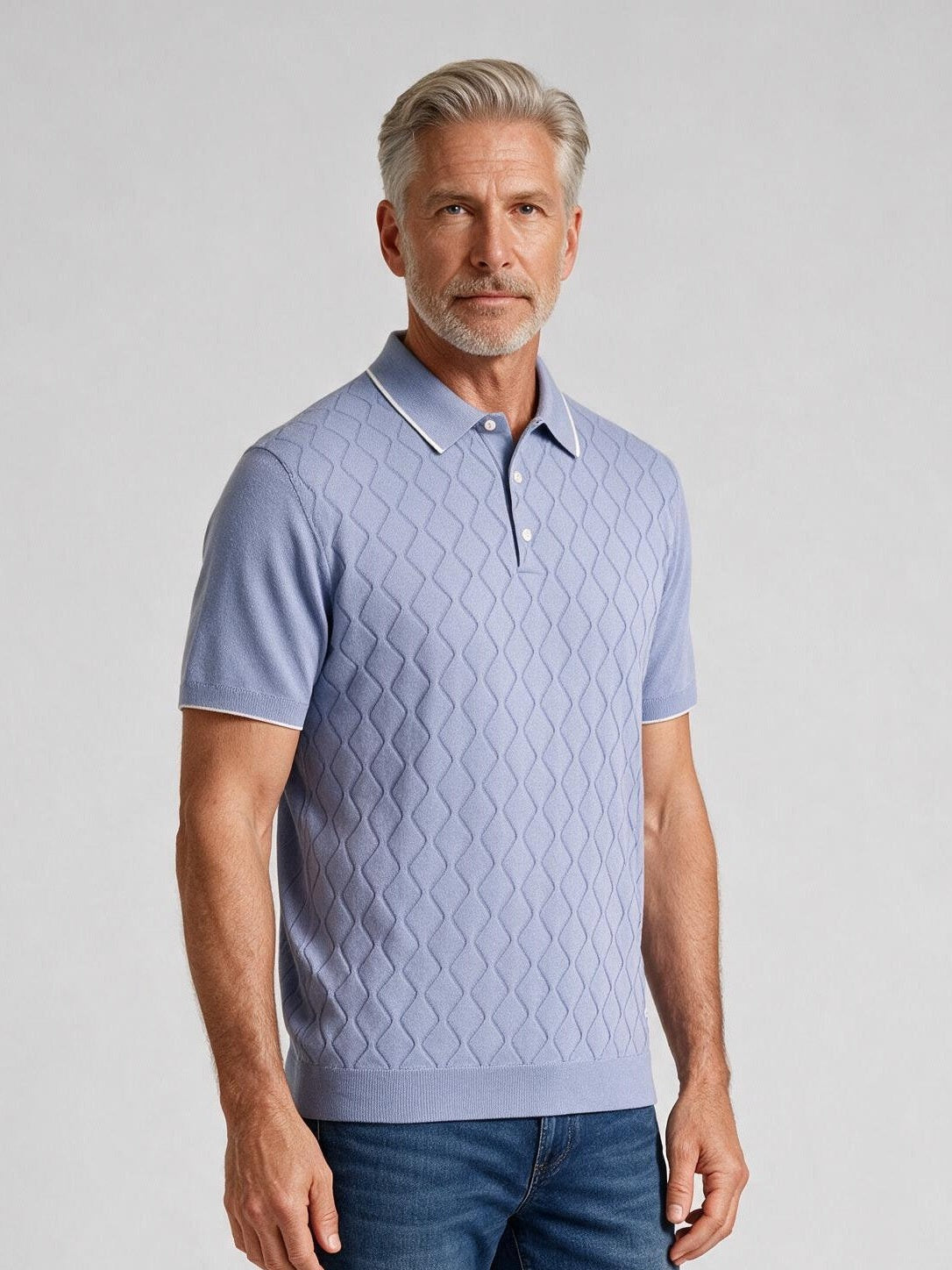 Bugatchi S/S Argyle Polo Sweater, Air Blue, detail | Mondo Uomo Naples FL