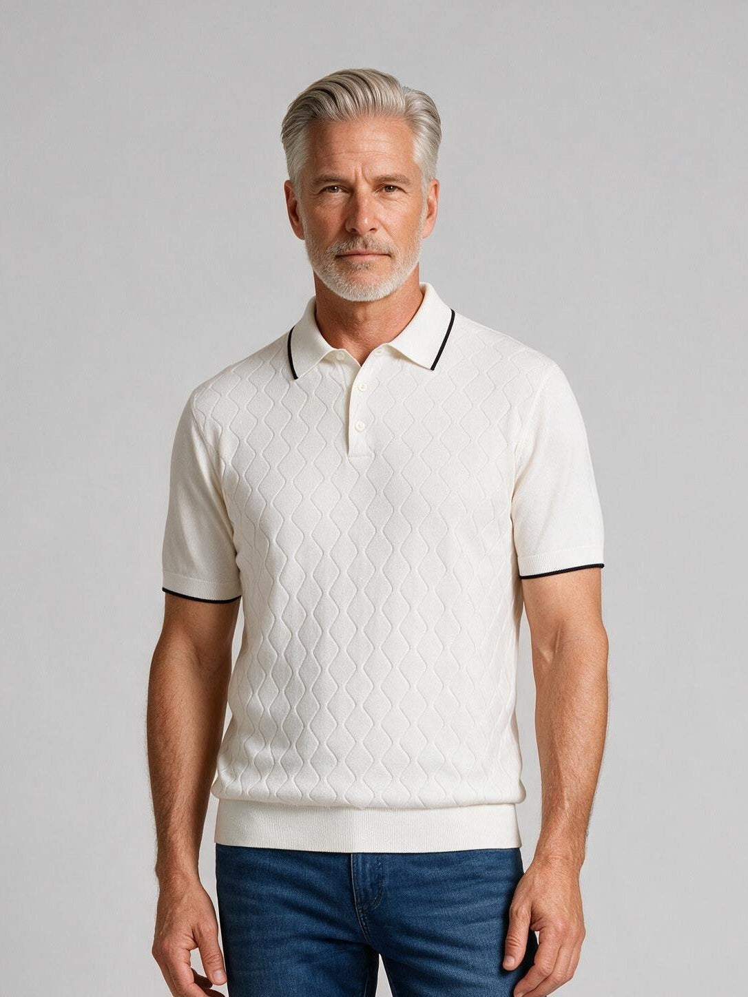 Bugatchi S/S Argyle Polo Sweater, Chalk, detail | Mondo Uomo Naples FL