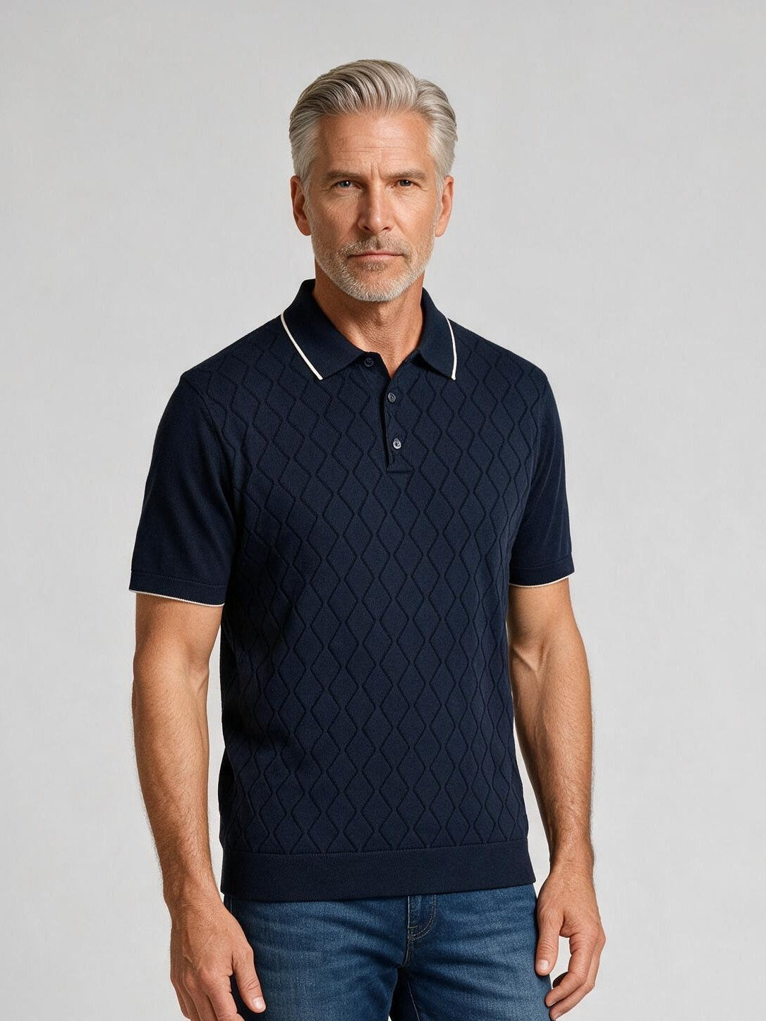 Bugatchi S/S Argyle Polo Sweater, Navy, detail | Mondo Uomo Naples FL
