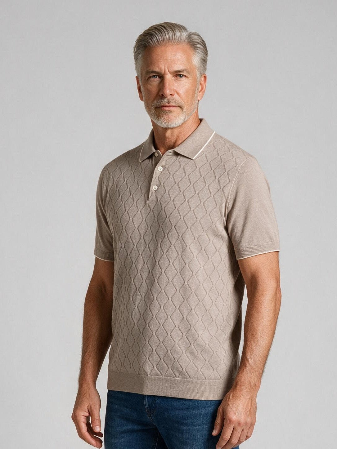 Bugatchi S/S Argyle Polo Sweater, Oatmeal, detail | Mondo Uomo Naples FL