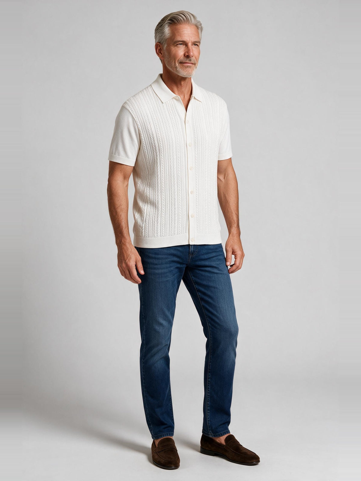 Bugatchi S/S Button front Knit Shirt, Chalk | Mondo Uomo Naples FL