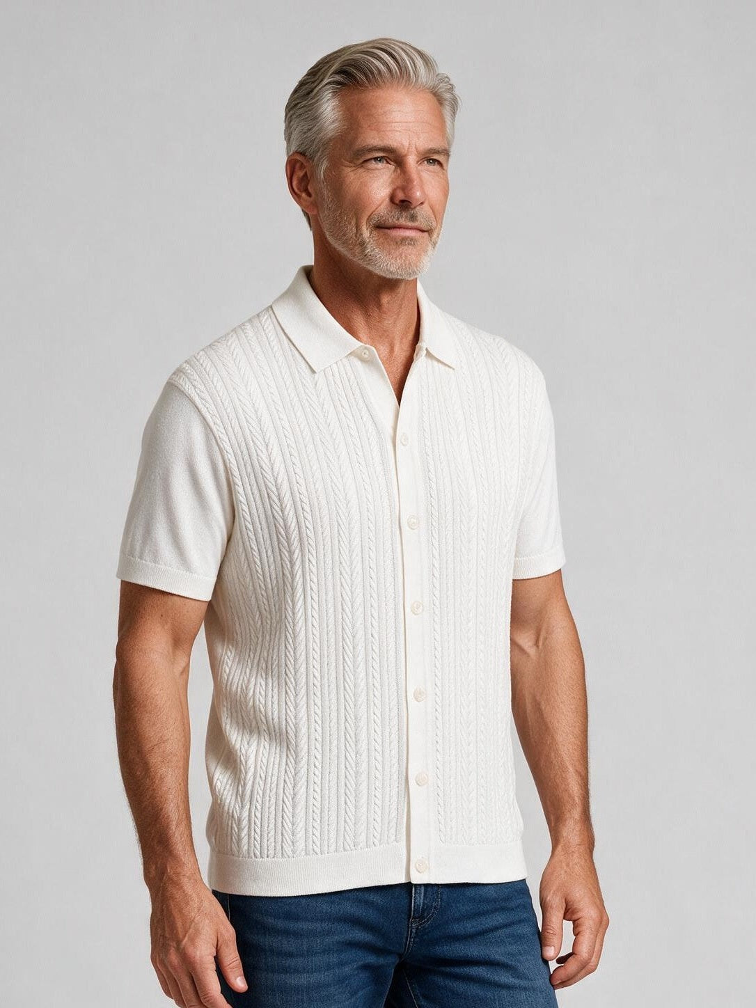 Bugatchi S/S Button front Knit Shirt, Chalk, detail | Mondo Uomo Naples FL