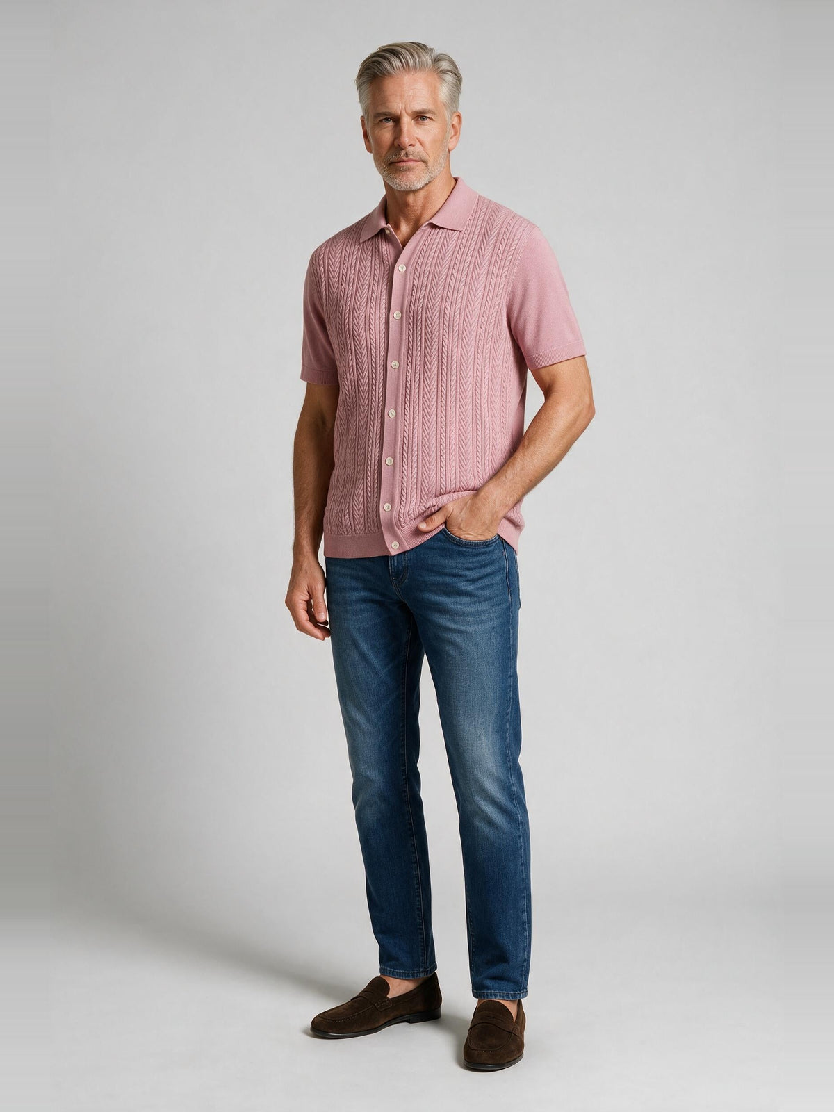 Bugatchi S/S Button front Knit Shirt, Dusty Pink | Mondo Uomo Naples FL
