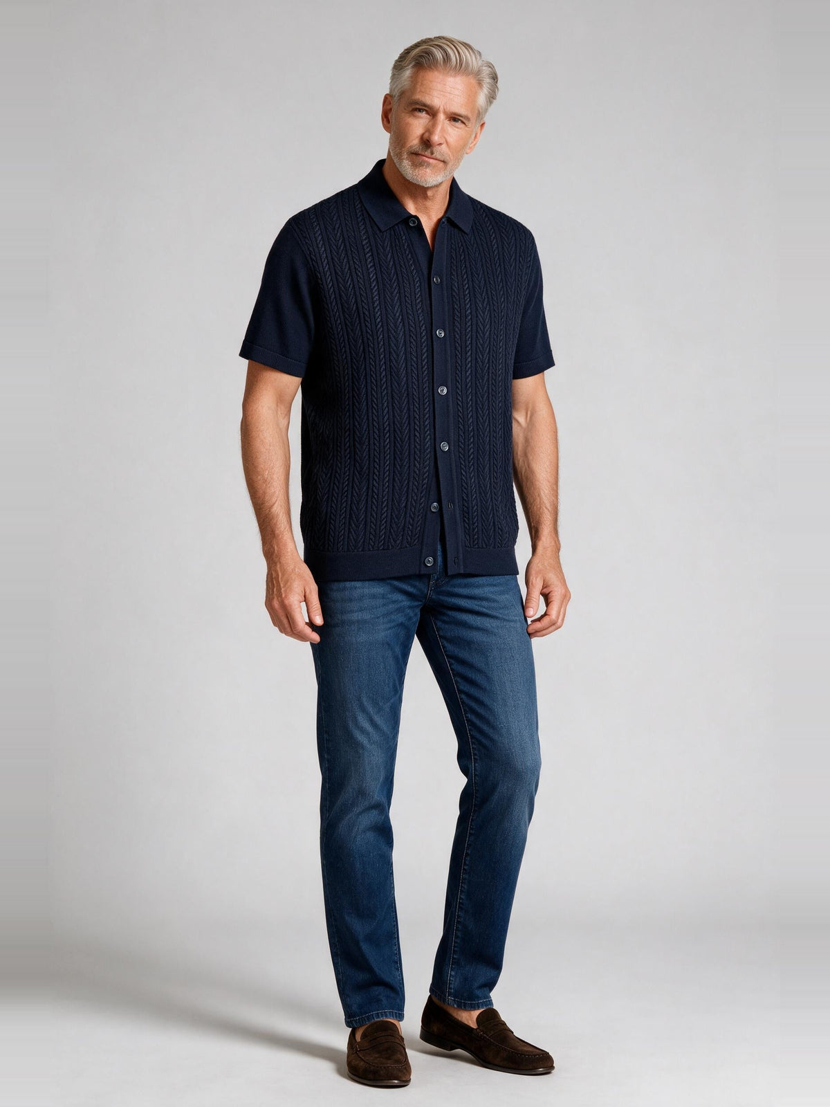 Bugatchi S/S Button front Knit Shirt, Navy | Mondo Uomo Naples FL