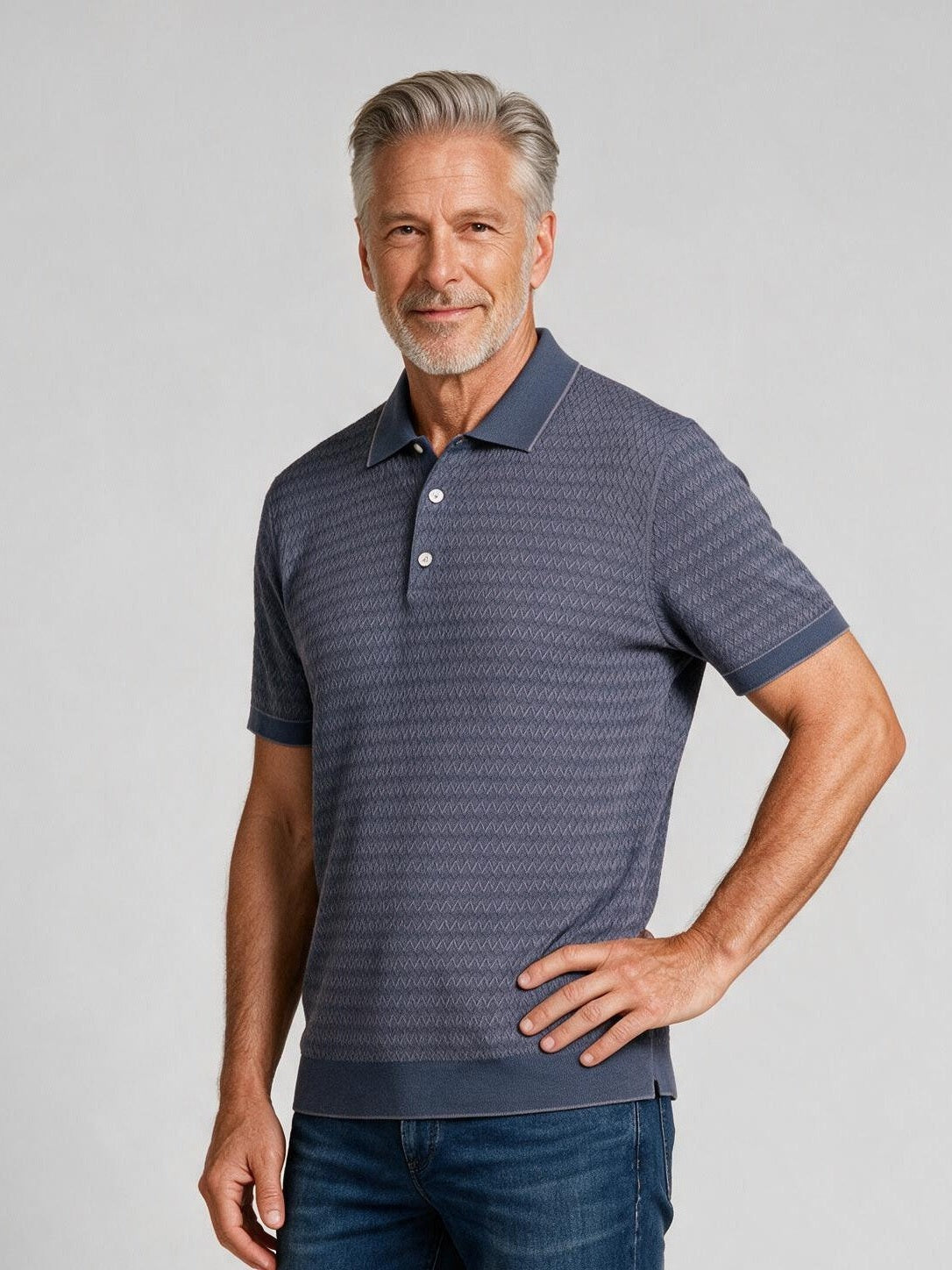 Bugatchi S/S Polo Sweater, Hazy Blue, detail | Mondo Uomo Naples FL