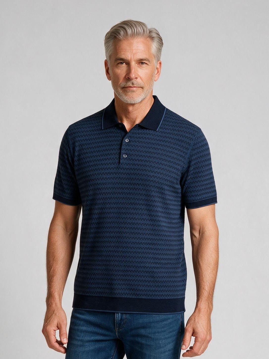 Bugatchi S/S Polo Sweater, Navy, detail | Mondo Uomo Naples FL